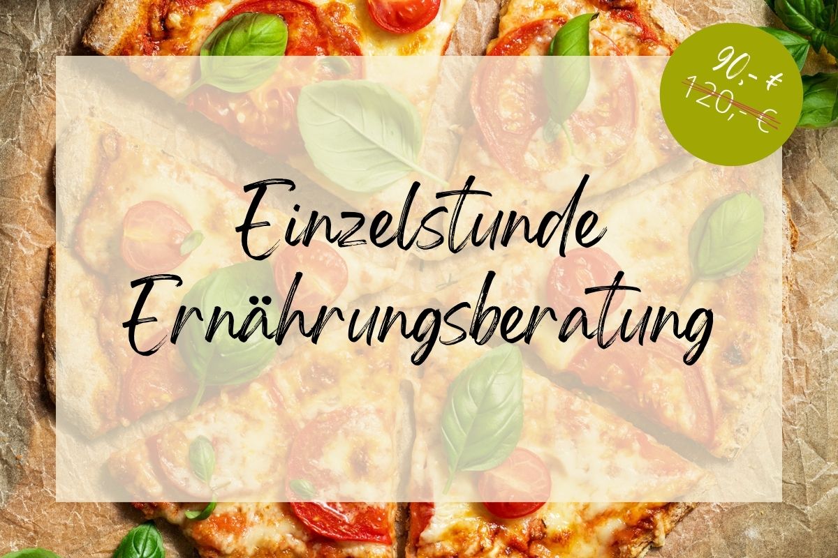 Bild von einer Pizza mit einer halbtransparenten Textbox davor worauf steht "Einzelstunde Ern&auml;hrungsberatung"