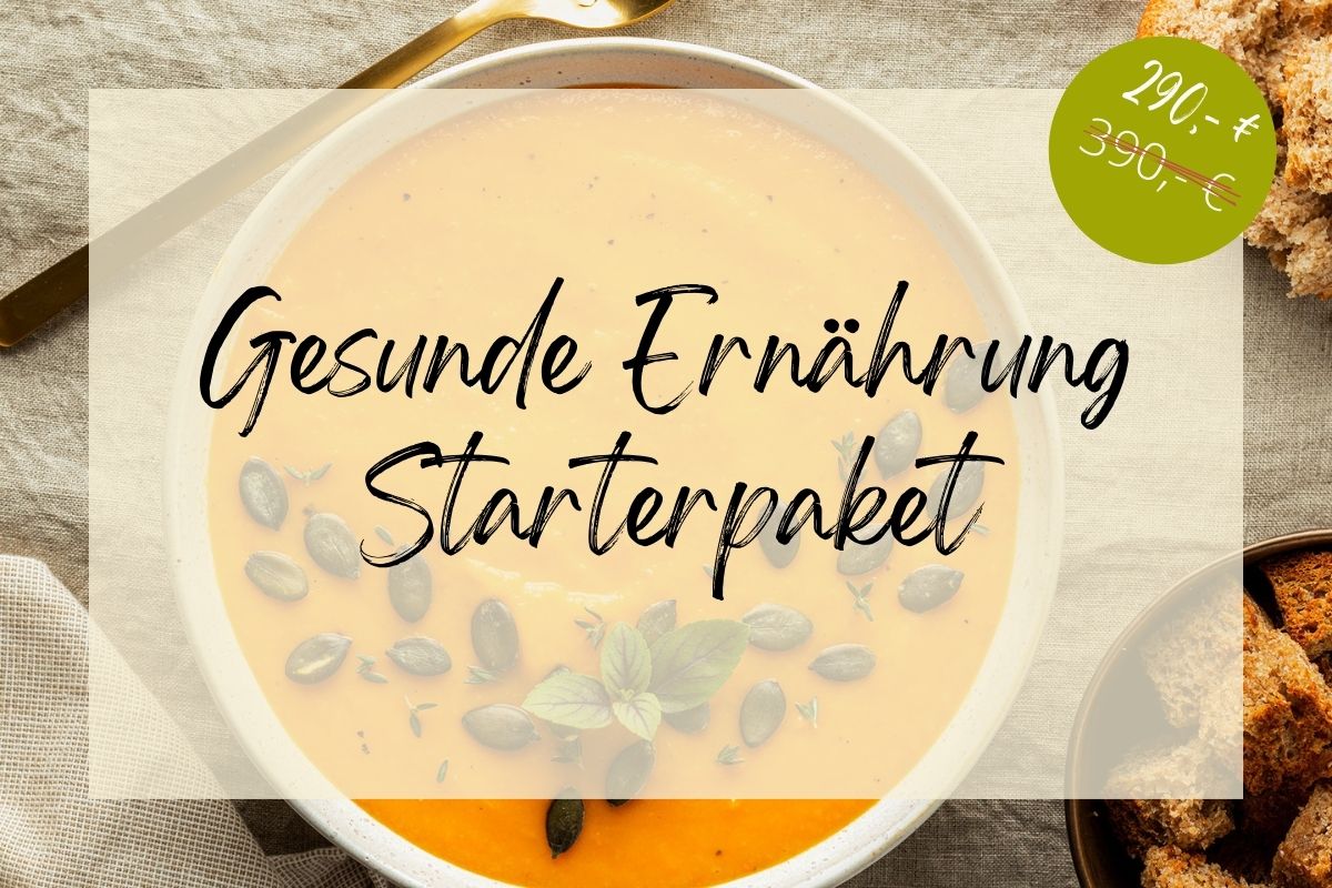 Bild von einer K&uuml;rbissuppe mit einer &uuml;bergelagerten Textbox mit der Aufschrift "Gesunde Ern&auml;hrung Starterpaket"