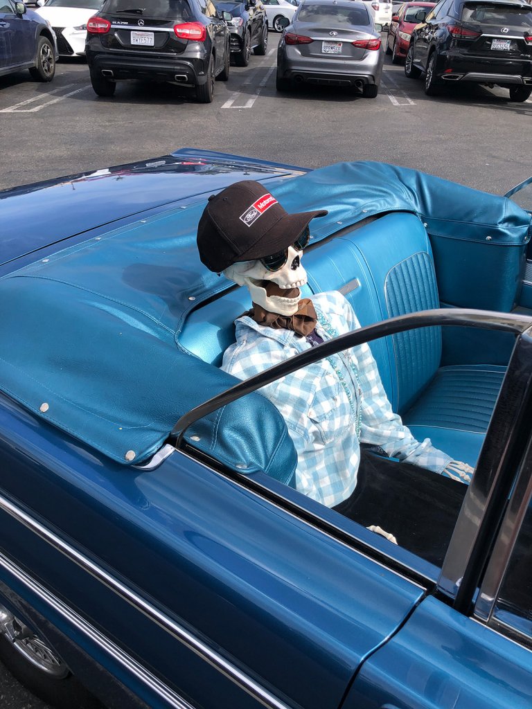 Verkleidetes Skelett in einem blauen Cabrio