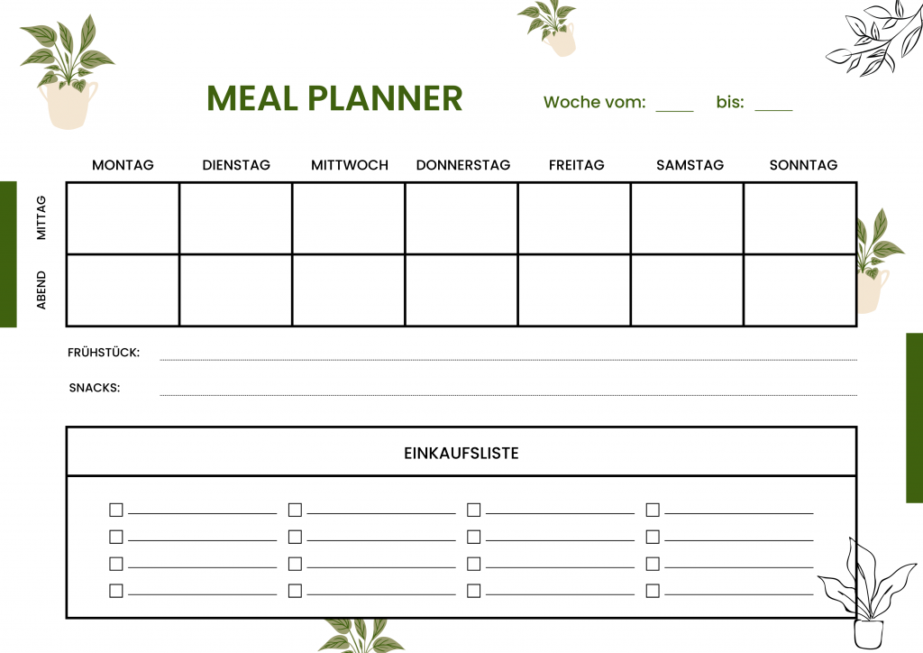 Vorlage f&uuml;r einen Meal Planner mit einem Kalender f&uuml;r alle Wochentage und einer Einkaufsliste.