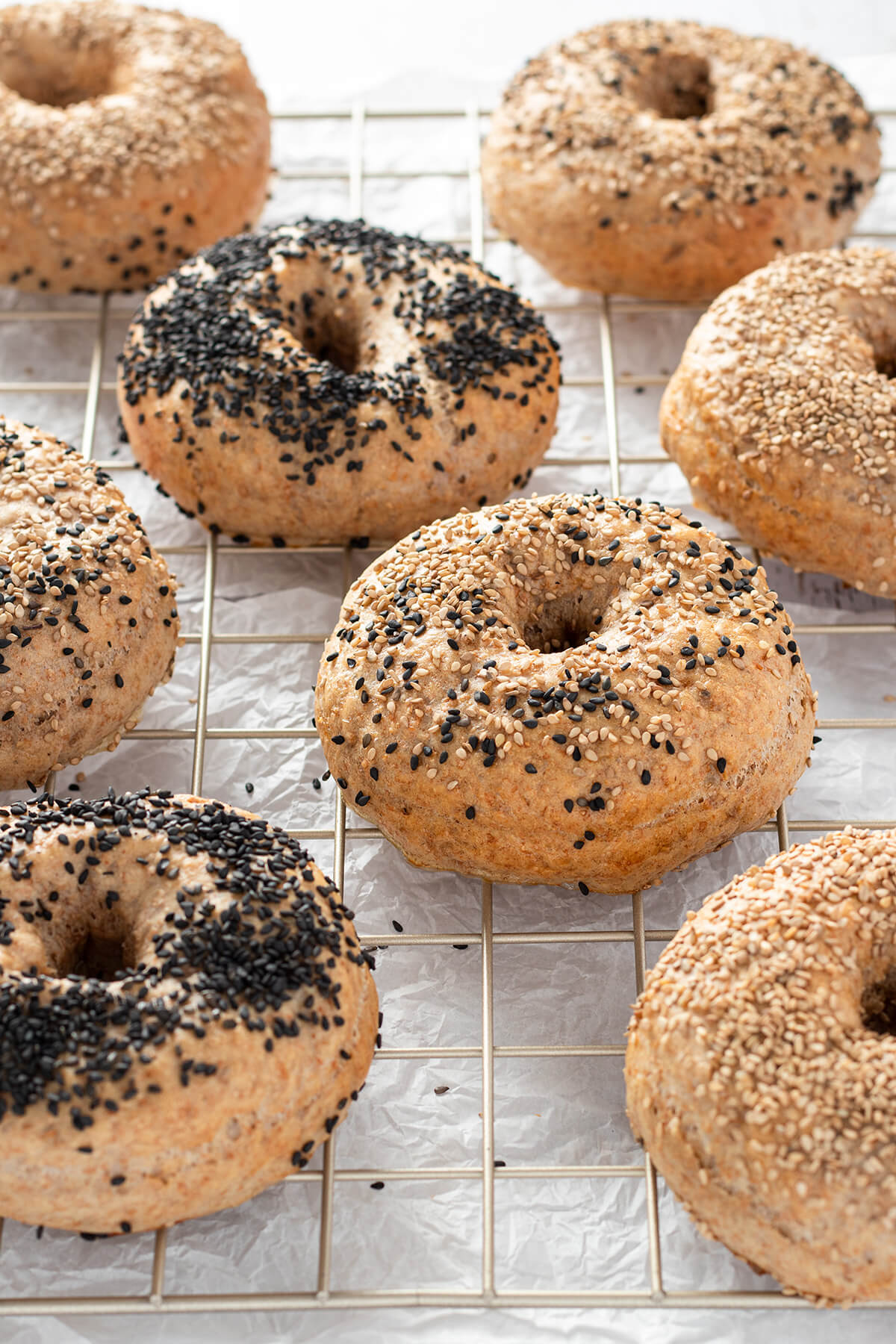 Mehrere Vollkorn Bagels mit Sesam auf einem Abk&uuml;hlgitter.