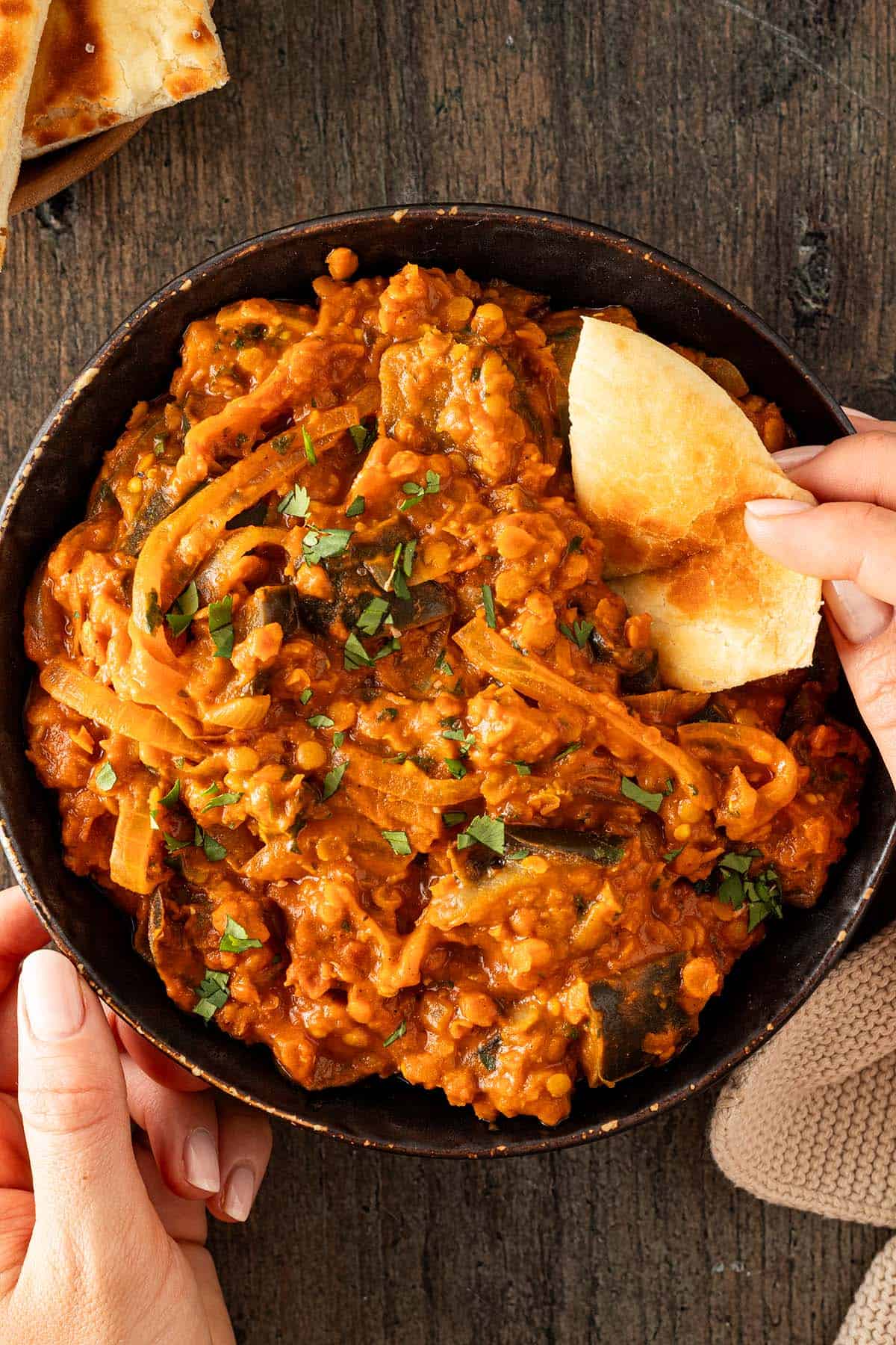 Eine Person h&auml;lt eine Sch&uuml;ssel in den H&auml;nden mit einem cremigen Auberginen Curry mit Linsen und Zwiebeln sowie einem St&uuml;ck Naan.