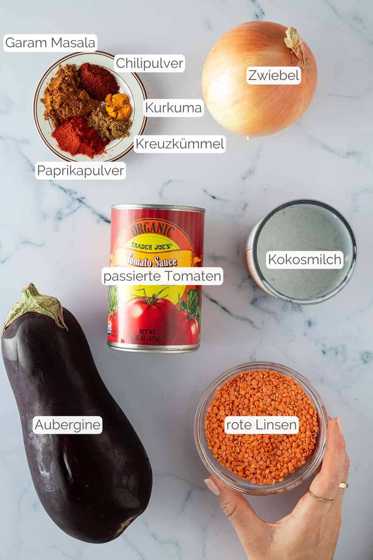 Alle Zutaten mit jeweiligen Textbeschriftungen, die f&uuml;r das vegane Auberginen Curry aus dem Ofen ben&ouml;tigt werden.