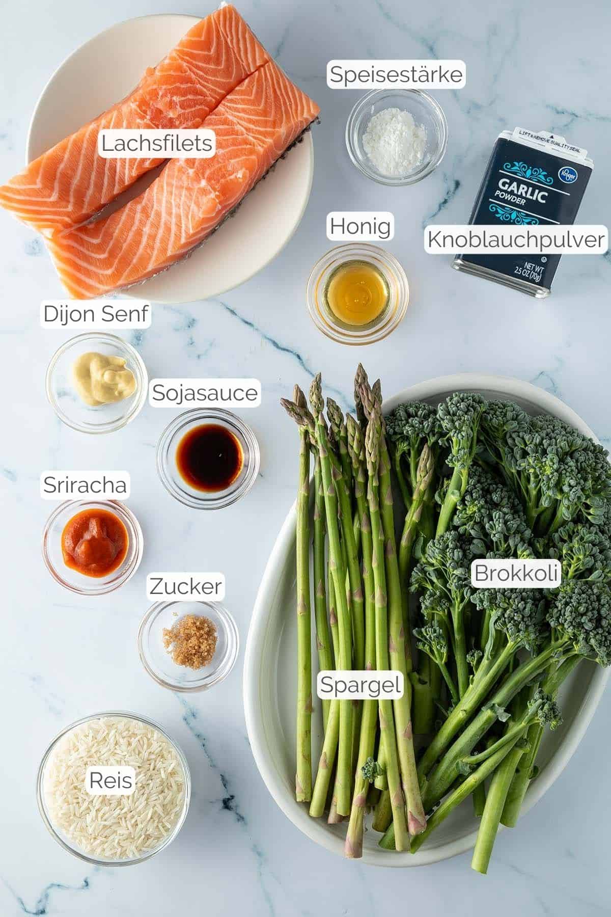 Alle Zutaten mit Textbeschriftungen, die f&uuml;r die Bowl mit gebratenem Lachs ben&ouml;tigt werden.