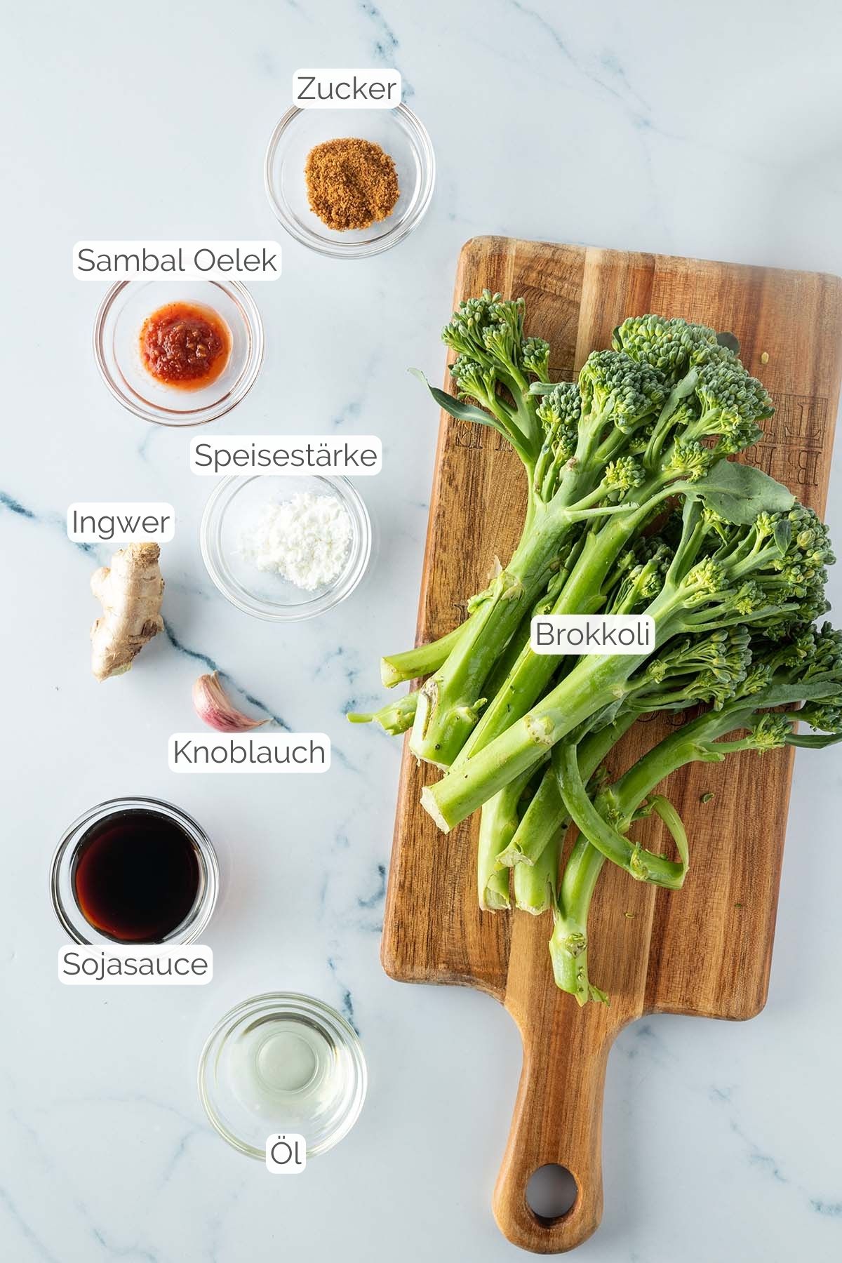 Foto aller Zutaten mit jeweiligen Textbeschriftungen, die f&uuml;r das Rezept ben&ouml;tigt werden.