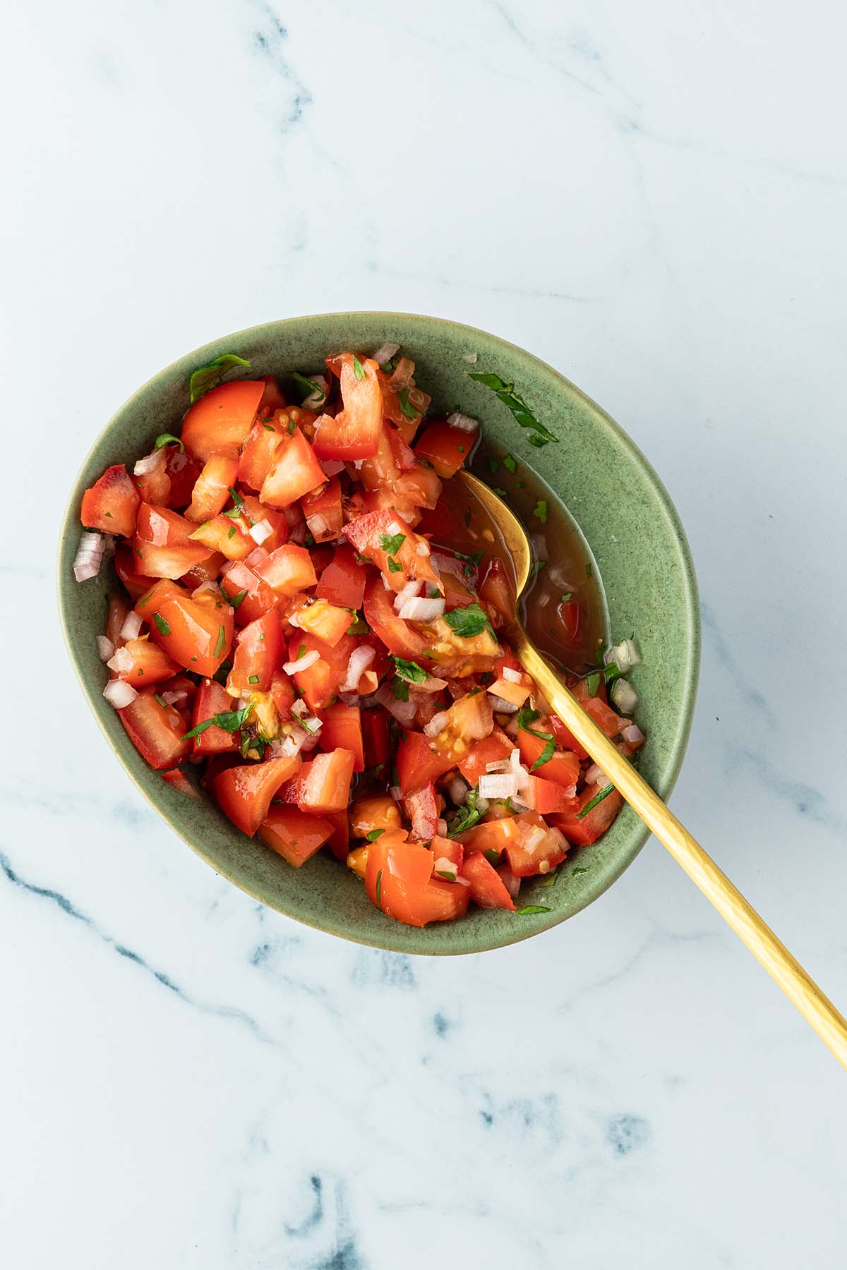 Kleine gr&uuml;ne Sch&uuml;ssel mit einer selbstgemachten Tomaten-Salsa.