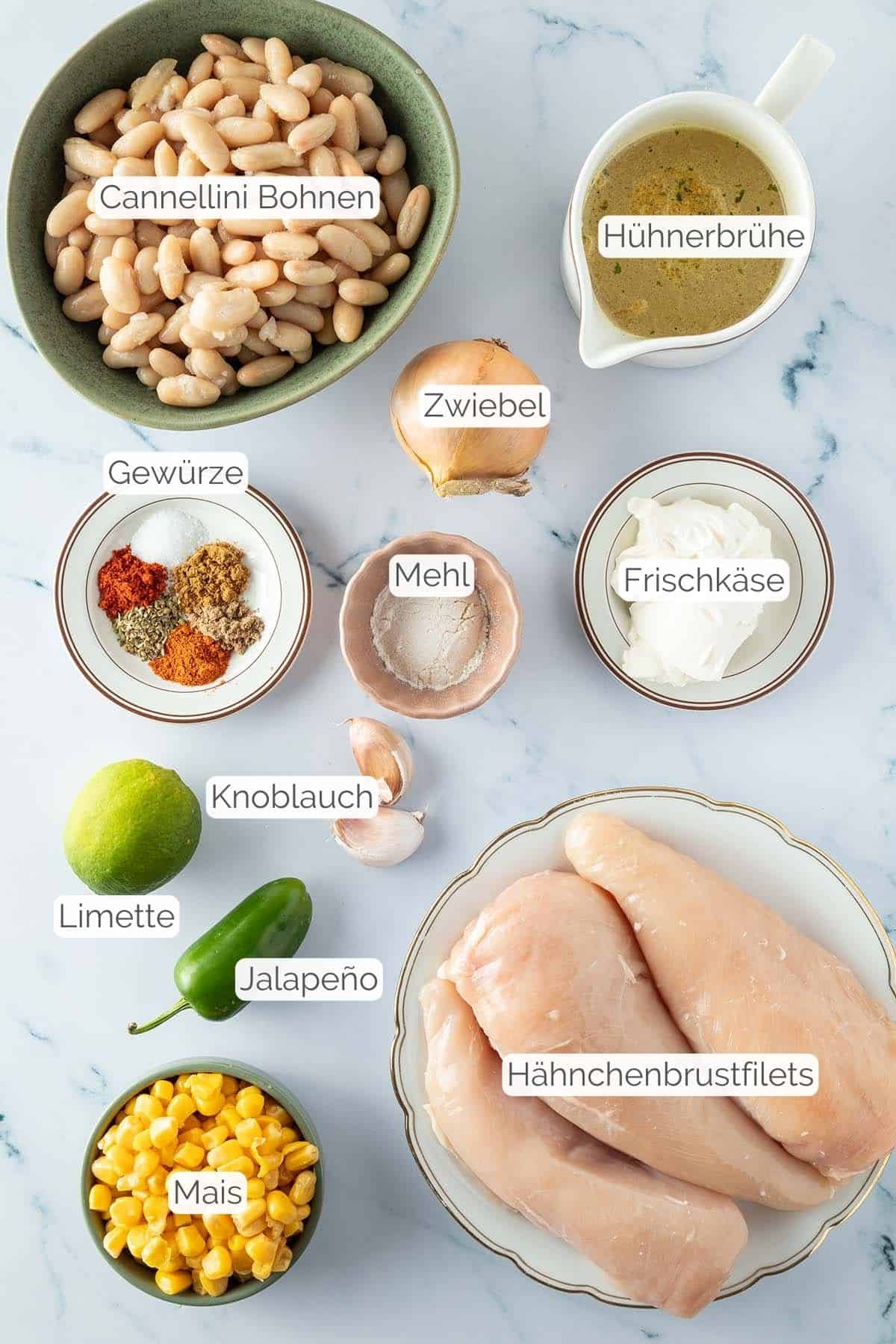 Alle Zutaten mit jeweiligen Textbeschriftungen, die f&uuml;r das Chicken Chili ben&ouml;tigt werden.