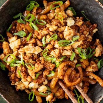 Eine Sch&uuml;ssel Udon Nudeln mit knusprigen Tofu-Hack und Fr&uuml;hlingszwiebeln auf dunkelgr&uuml;nem Untergrund.