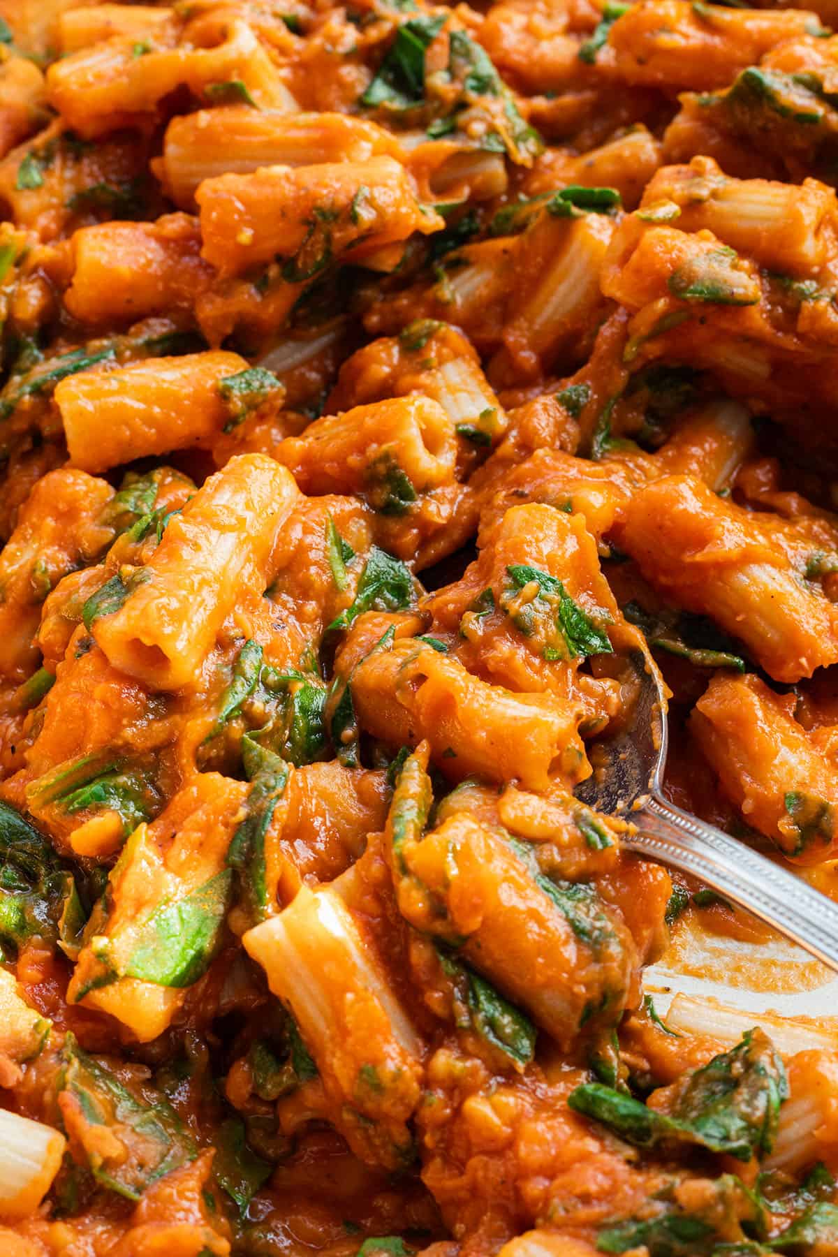 Nudeln in einer cremigen, dickfl&uuml;ssigen Tomatensauce mit Spinat.
