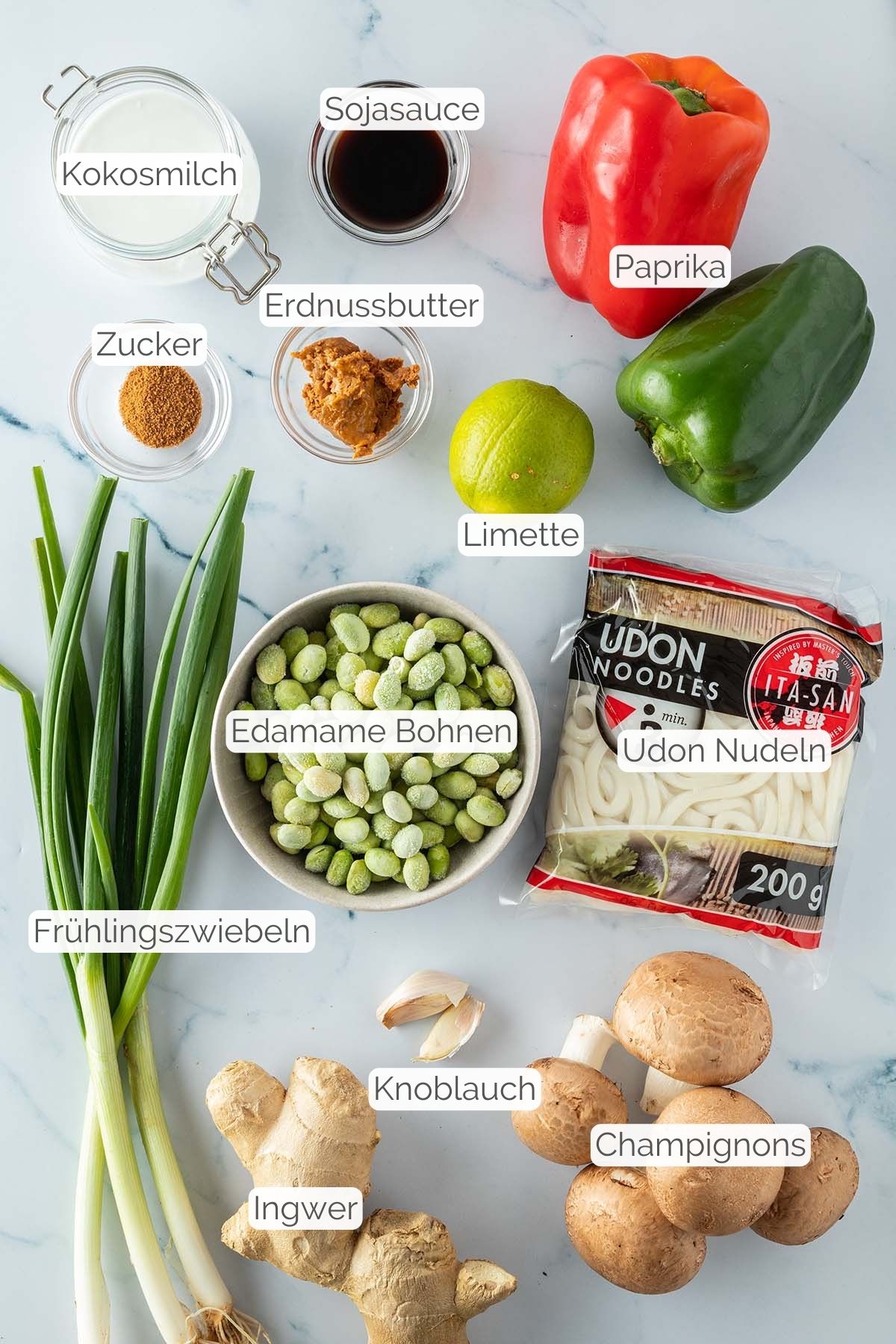 Foto aller Zutaten mit jeweiligen Textbeschriftungen, die f&uuml;r den Asia One Pot ben&ouml;tigt werden.