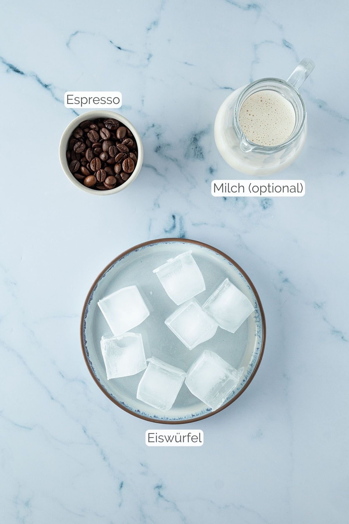 Foto aller Zutaten mit jeweiligen Textbeschriftungen, die f&uuml;r einen Caff&egrave; Shakerato ben&ouml;tigt werden.