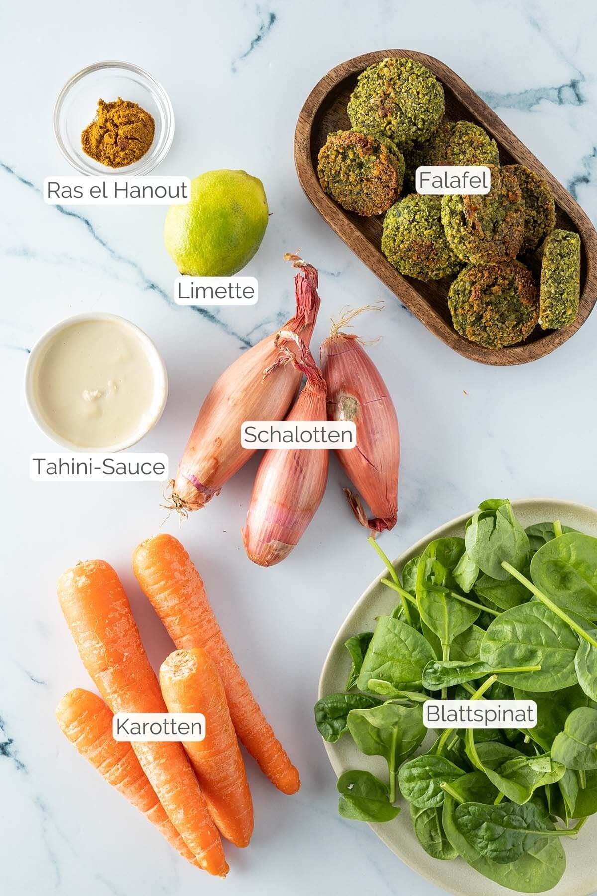 Foto aller Zutaten mit jeweiligen Textbeschriftungen, die für eine orientalische Falafel Bowl benötigt werden.