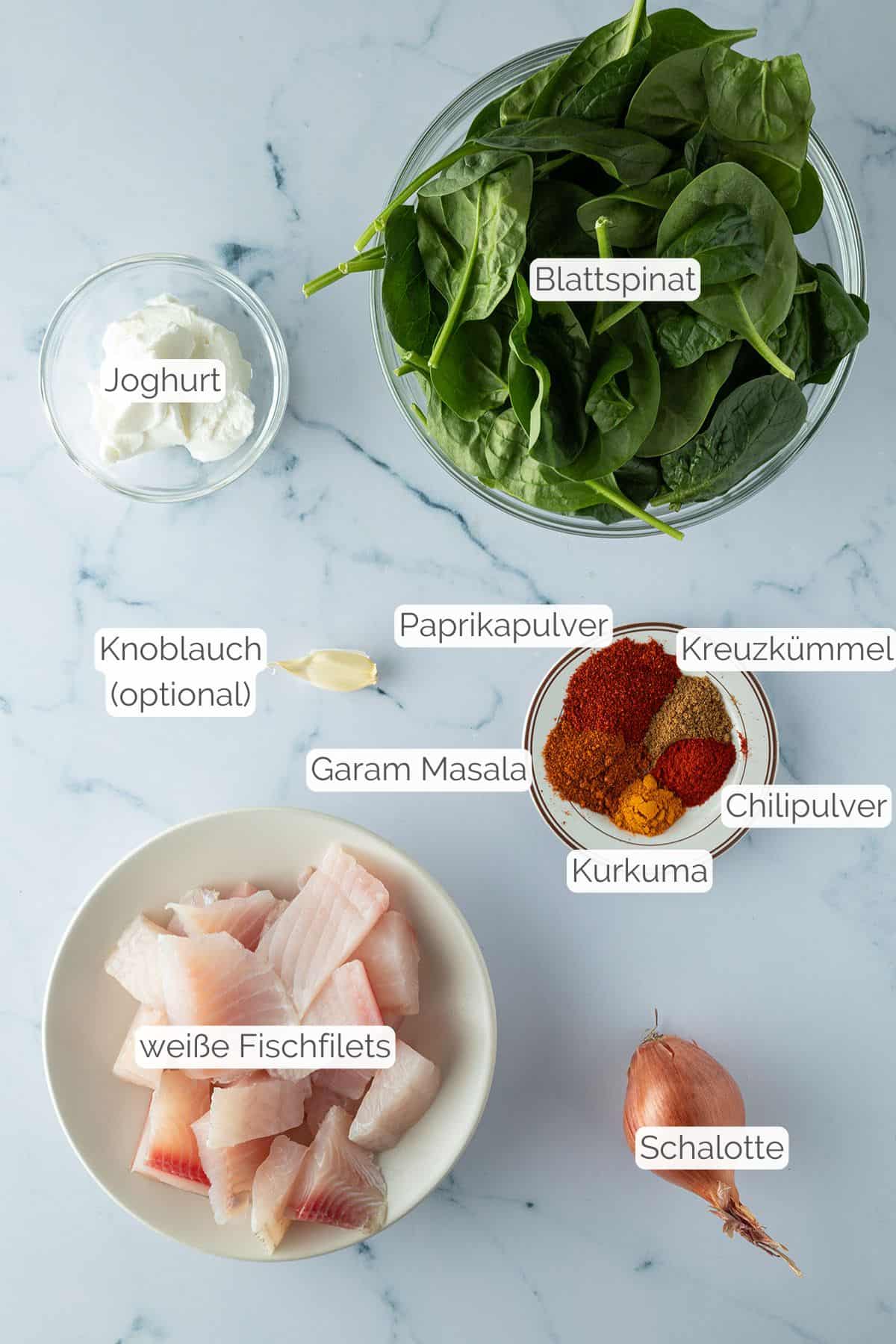 Alle Zutaten mit jeweiligen Textbeschriftungen, die f&uuml;r den Fisch im Backofen ben&ouml;tigt werden.