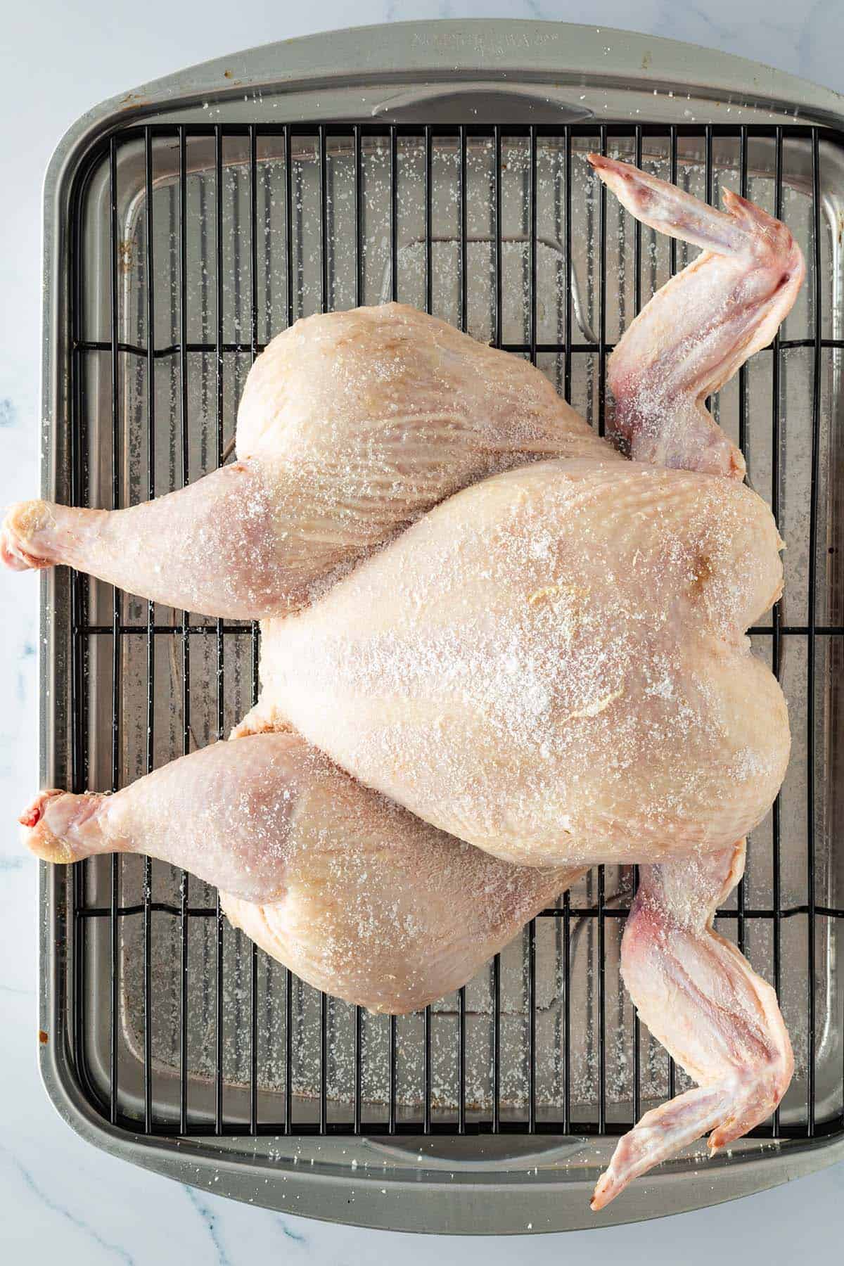Roher H&auml;hnchenk&ouml;rper im Spatchcock-Stil, gro&szlig;z&uuml;gig mit Salz bestreut auf einem Backofenrost.