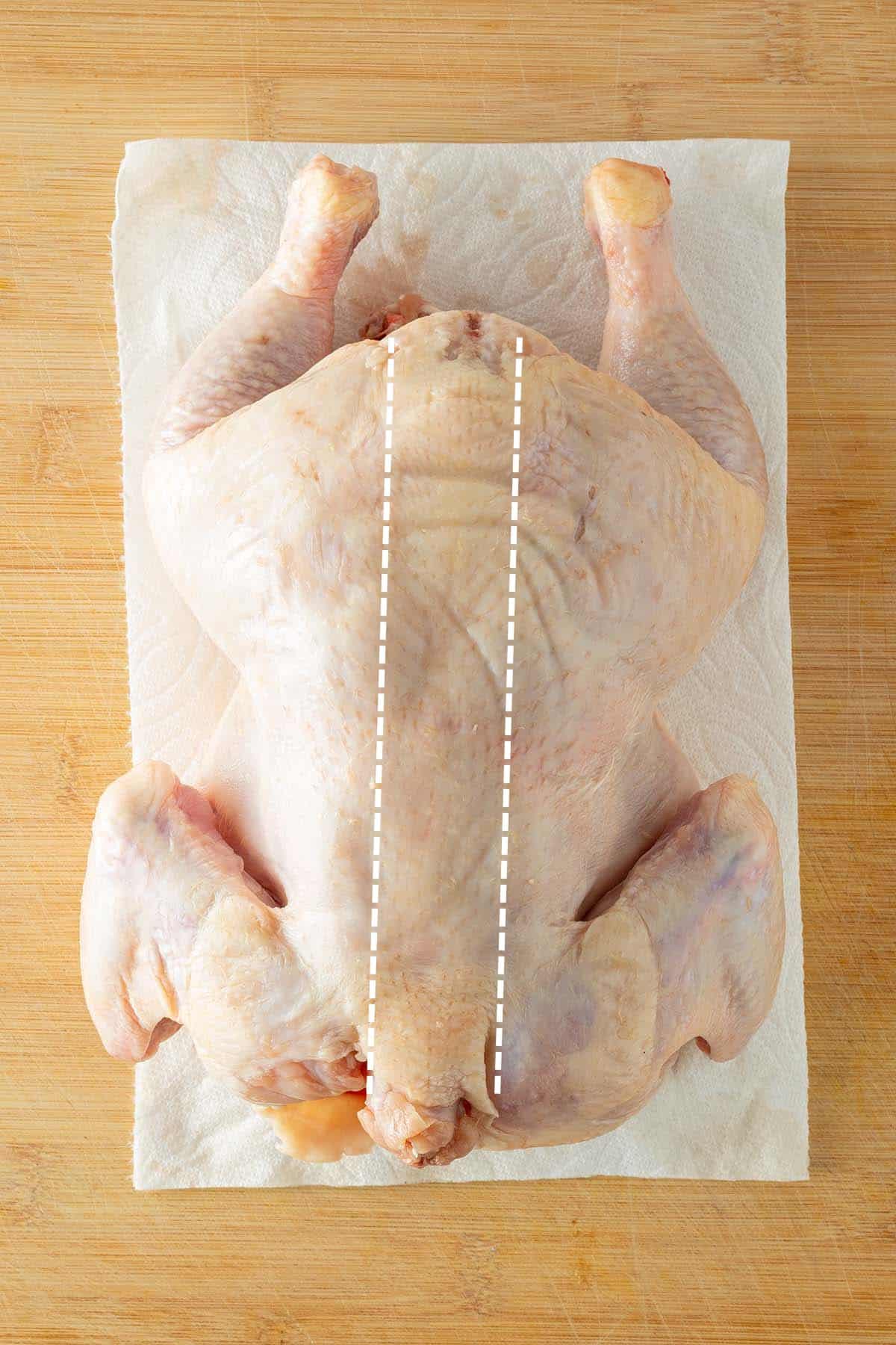 Rohes, ganzes H&auml;hnchen auf einem Brett, mit markierten Linien zum Entfernen des R&uuml;ckgrats.