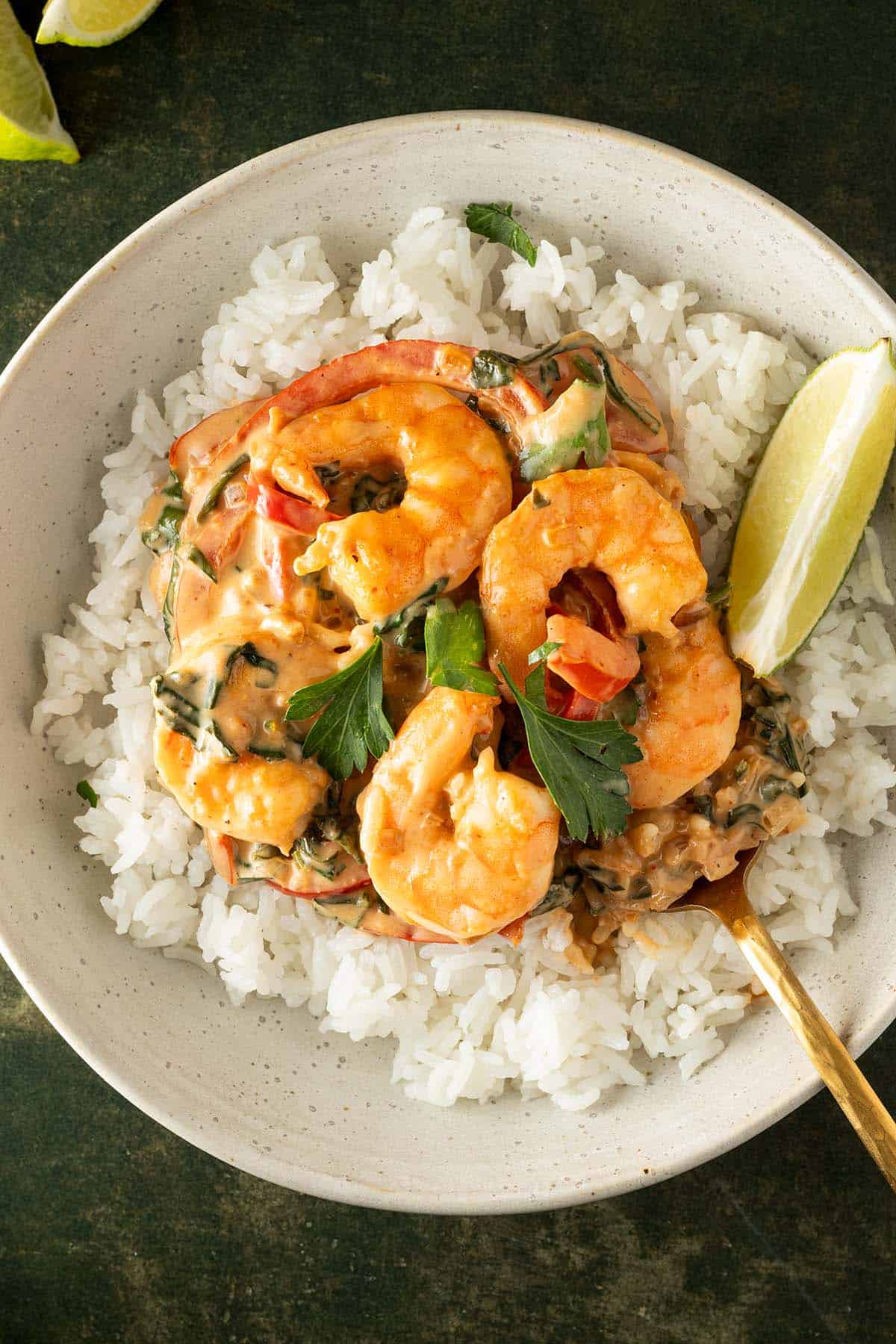 Thai Garnelen Curry serviert auf Reis.