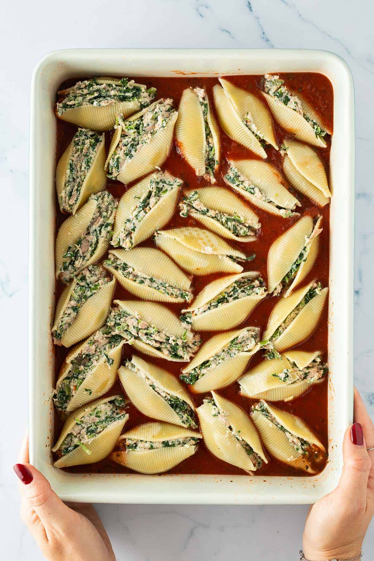 Gef&uuml;llte Muschelnudeln liegen nebeneinander in einer Auflaufform mit Tomatensauce.