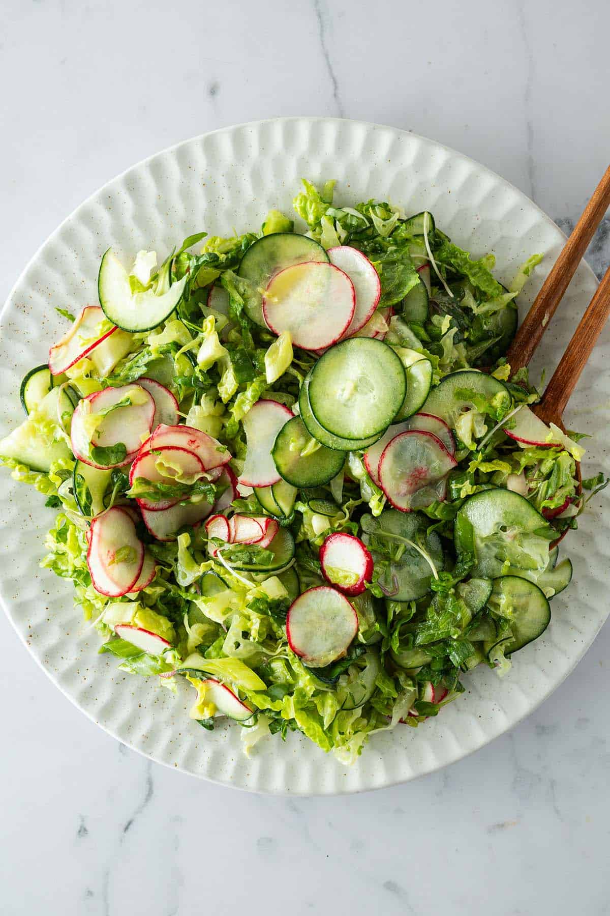 Ein gemischter Beilagensalat mit Radieschen, Gurken und Salat auf einem gro&szlig;en Teller.