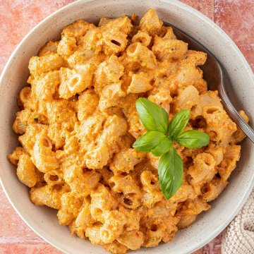 Ein Teller Nudeln mit einer cremigen Pastasauce auf einem roten Flie&szlig;enuntergrund.