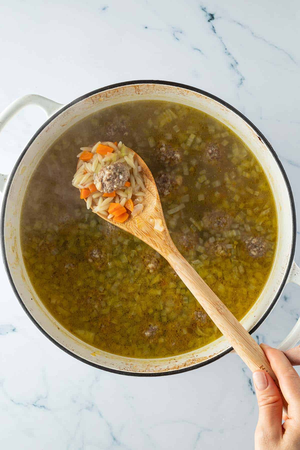 Topf mit fertig gekochter Gem&uuml;sesuppe mit Hackb&auml;llchen und Nudeln.