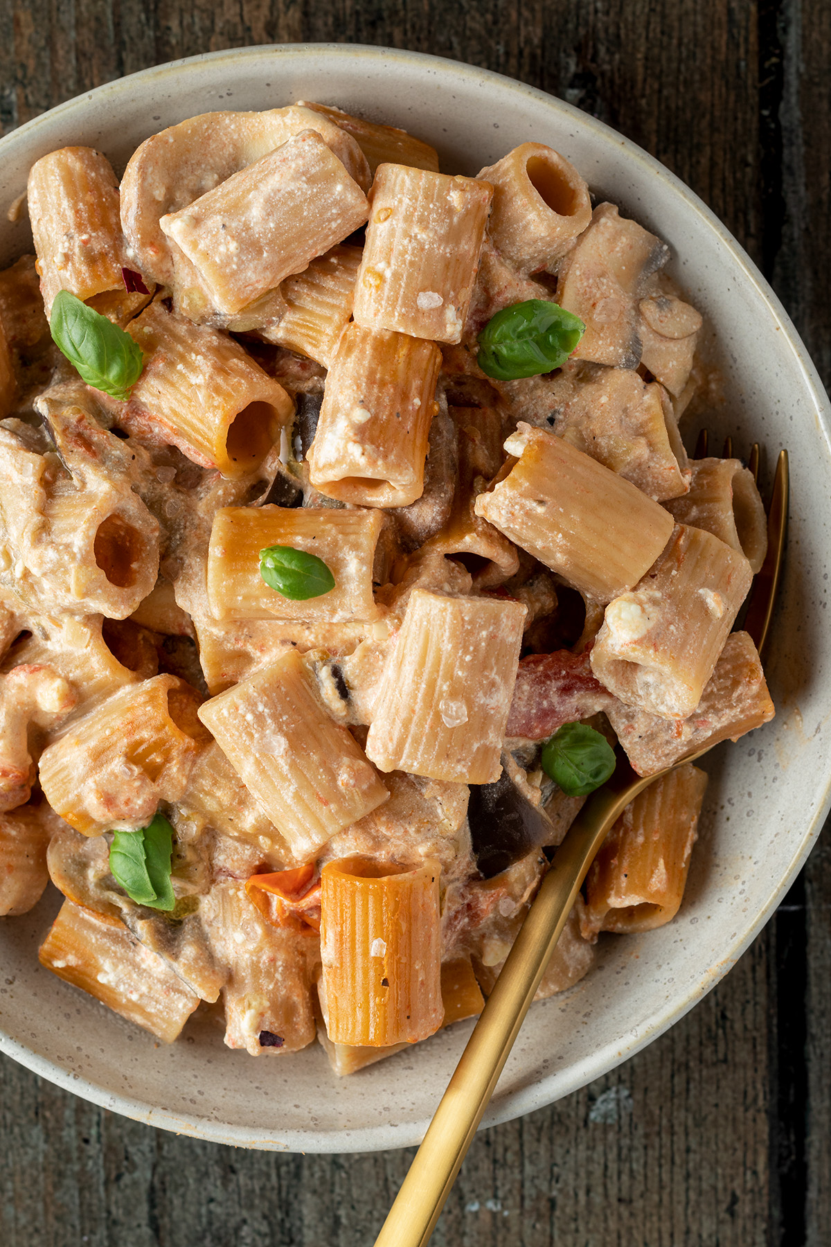 Gesundes Pasta Rezept mit viel Gem&uuml;se, cremigen Ricotta K&auml;se serviert mit Vollkorn Rigatoni Nudeln.