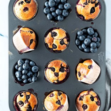 Vogelperspektive auf ein Muffinblech mit Blaubeer-Muffins und Blaubeeren, Deko im Bildrand.