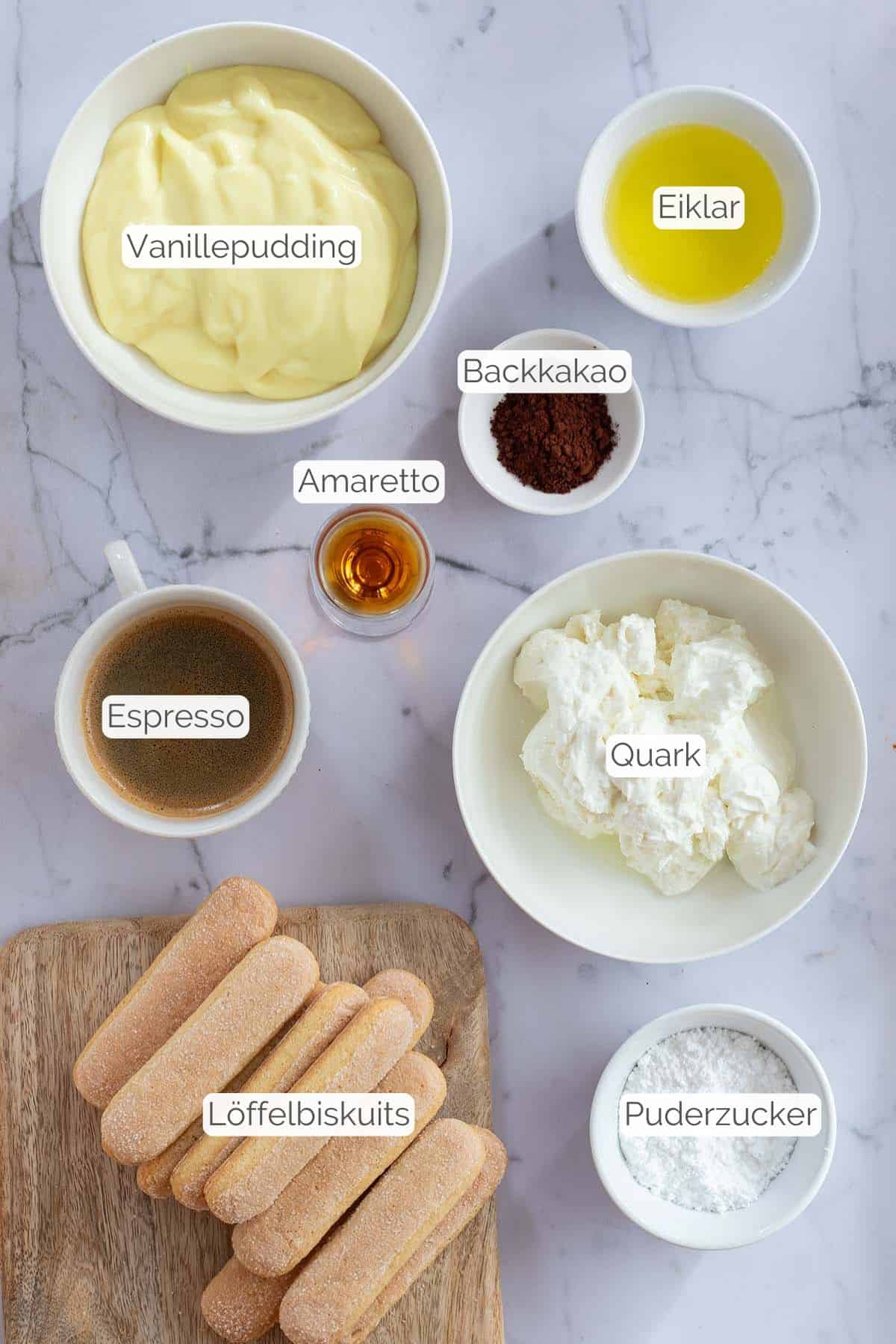 Alle Zutaten mit jeweiligen Textbeschriftungen, die f&uuml;r das Rezept ben&ouml;tigt werden.