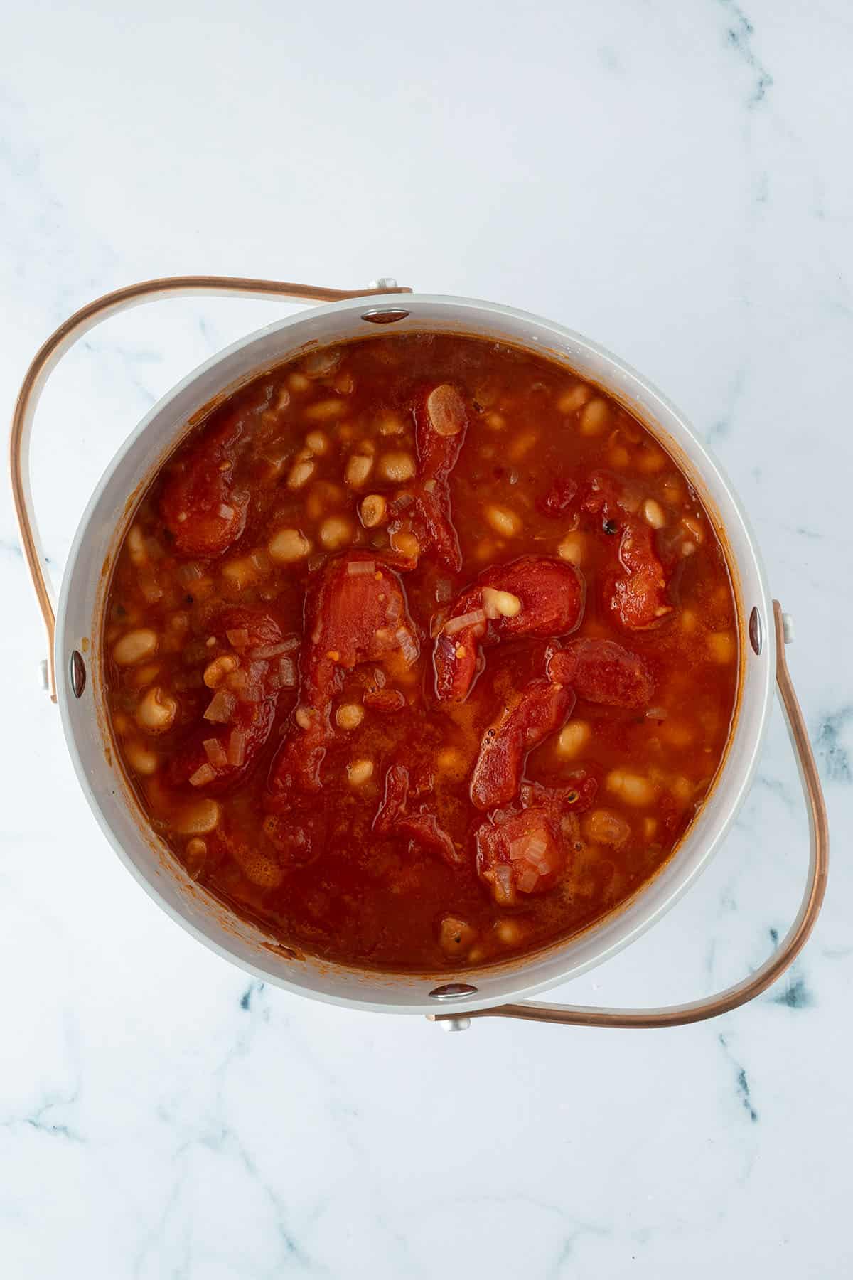 Tomatensuppe im Topf vor dem P&uuml;rieren.