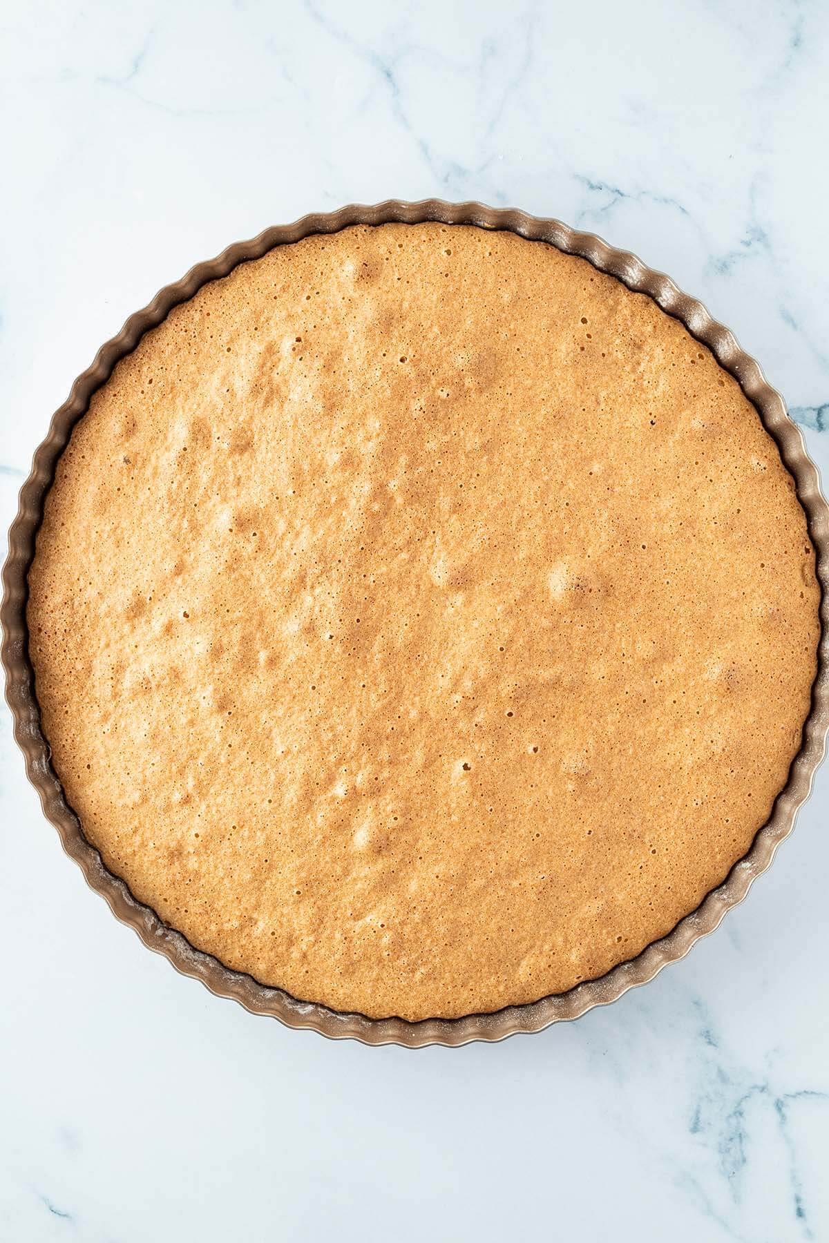 Gebackener Biskuitboden f&uuml;r den Erdbeerkuchen in einer Obstkuchenform.