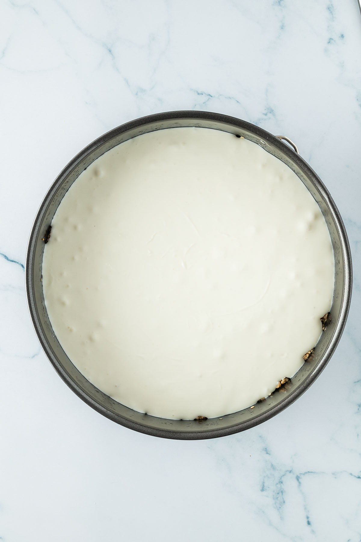 Bild zeigt den gesunden K&auml;sekuchen in der Springform vor dem Backen.