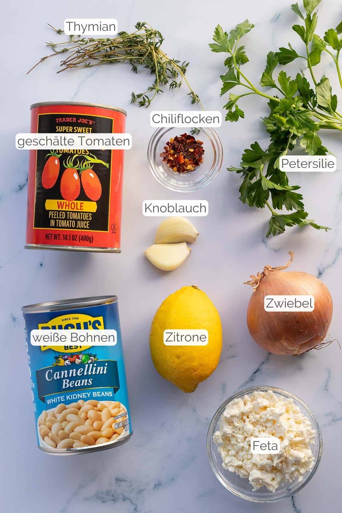 Alle Zutaten mit Textbeschriftungen, die f&uuml;r das Rezept ben&ouml;tigt werden.