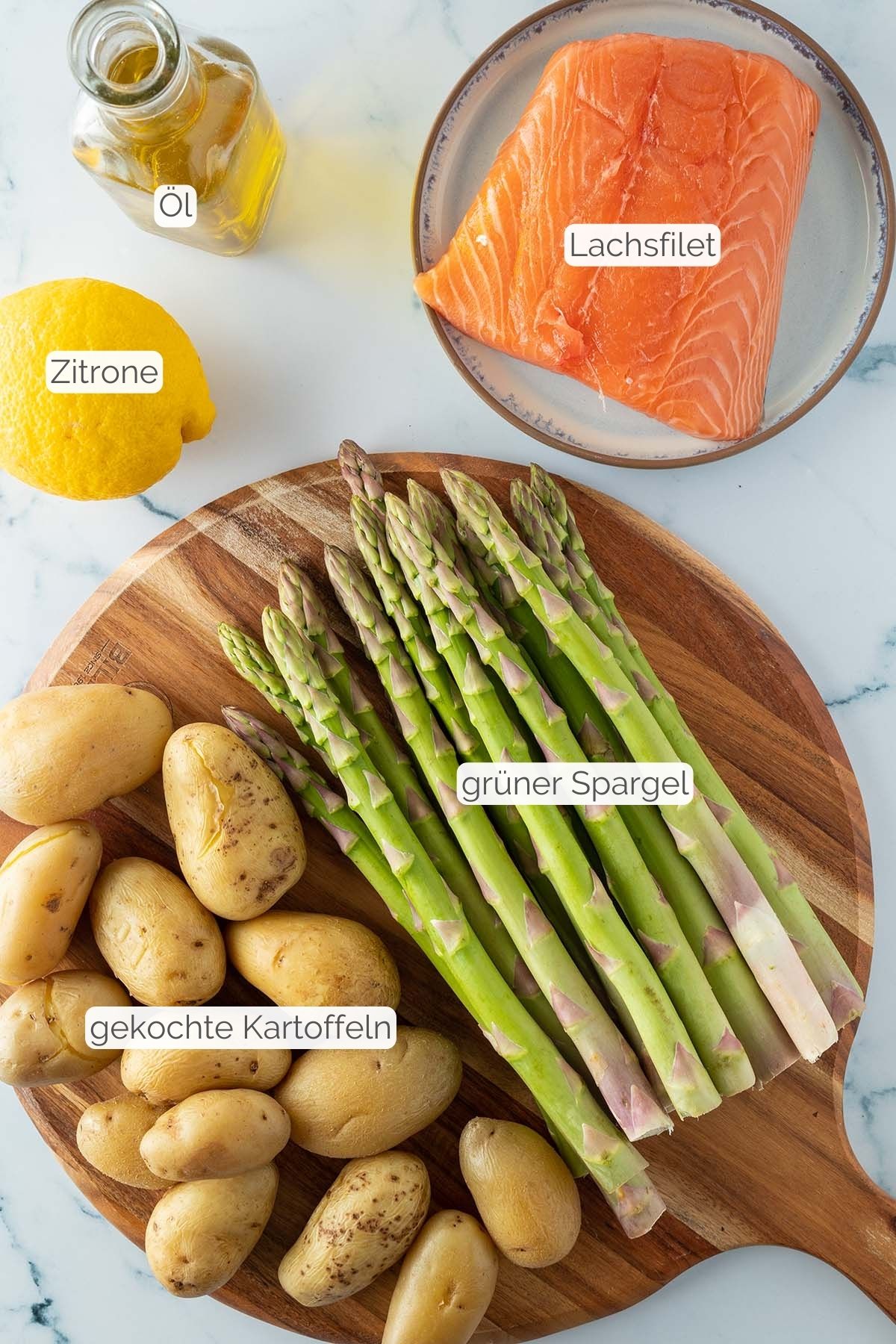 Foto aller Zutaten mit jeweiligen Textbeschriftungen, die f&uuml;r das Rezept ben&ouml;tigt werden.