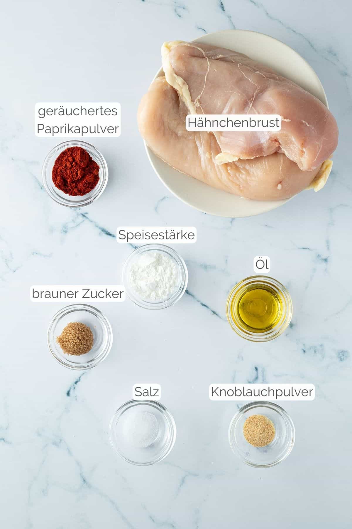 Alle Zutaten mit Textbeschriftungen, die f&uuml;r das Rezept ben&ouml;tigt werden.
