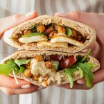 Eine Person mit Sch&uuml;rze h&auml;lt zwei mit Halloumi, Kichererbsen und Hummus gef&uuml;llte Pita Taschen in der Hand.
