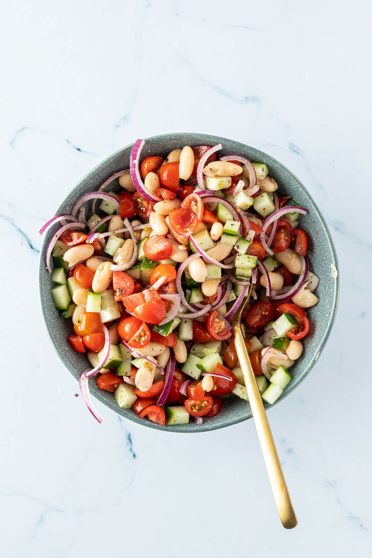 Vogelperspektive auf eine Sch&uuml;ssel mit einem wei&szlig;en Bohnen Salat mit Gurke, Tomate und Zwiebelnringen.