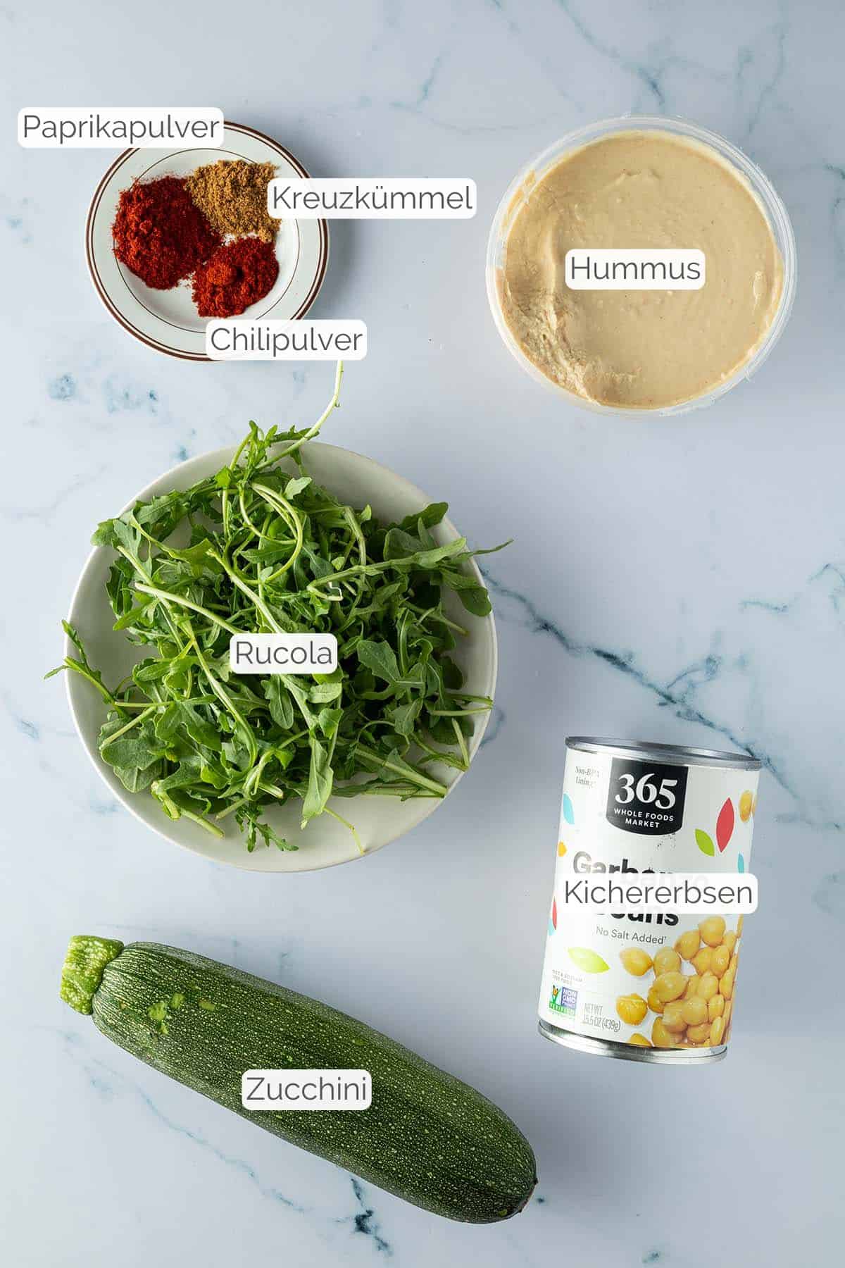 Alle Zutaten mit jeweiligen Textbeschriftungen, die f&uuml;r die Hummus Dip Platte ben&ouml;tigt werden.