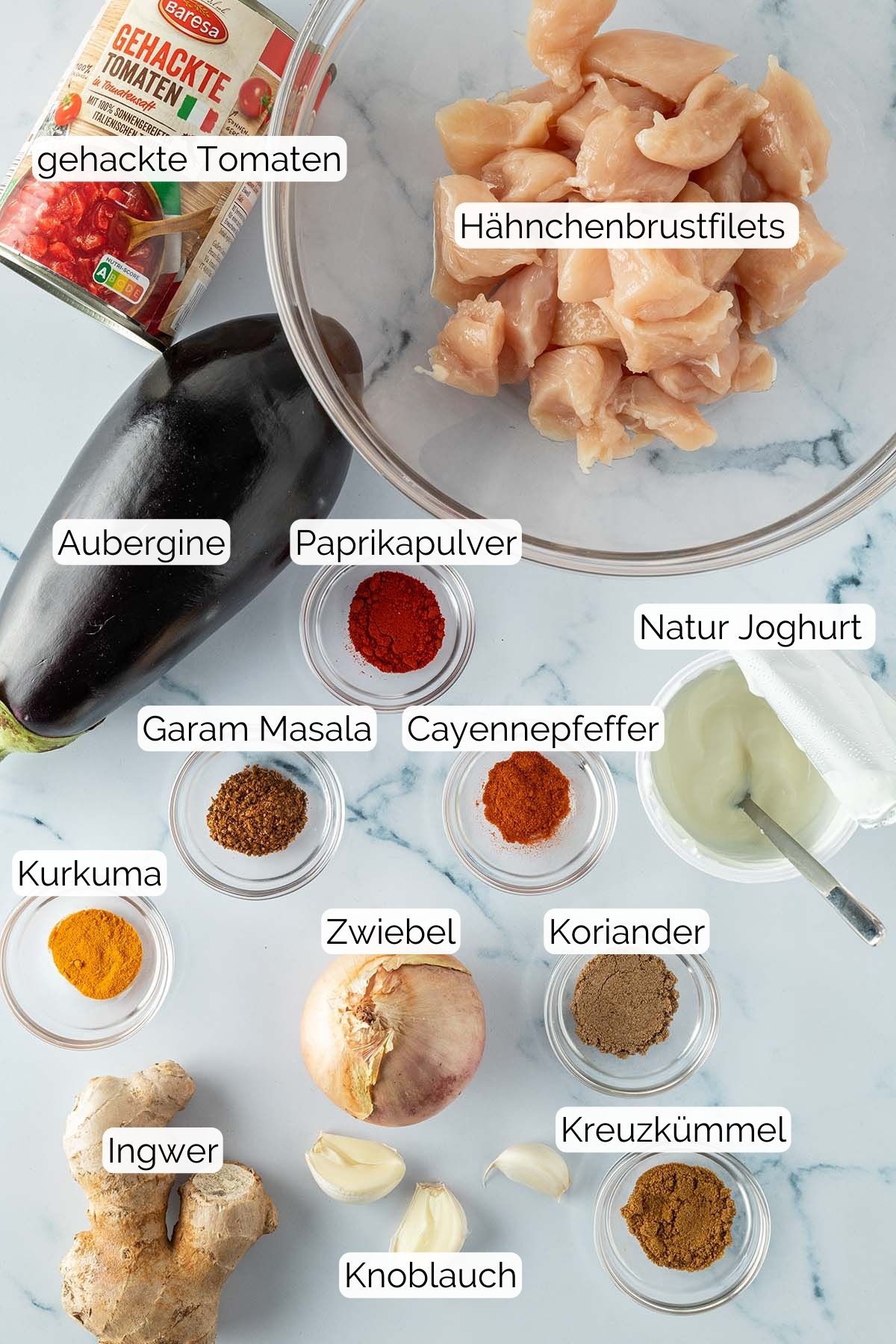 Foto aller ben&ouml;tigter Zutaten inklusive passender Textbeschriftung zu jeder einzelnen, auf dem Foto abgebildeten Zutat.
