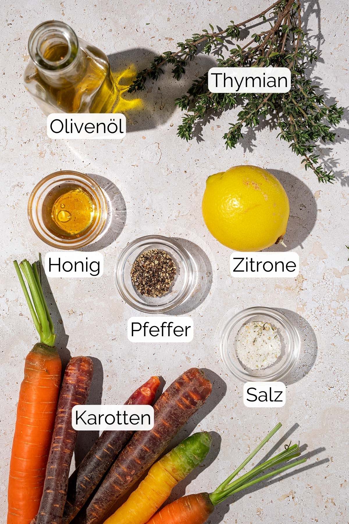 Bild aller Zutaten, die f&uuml;r das Rezept verwendet werden, mit jeweiligen Text-Labels.