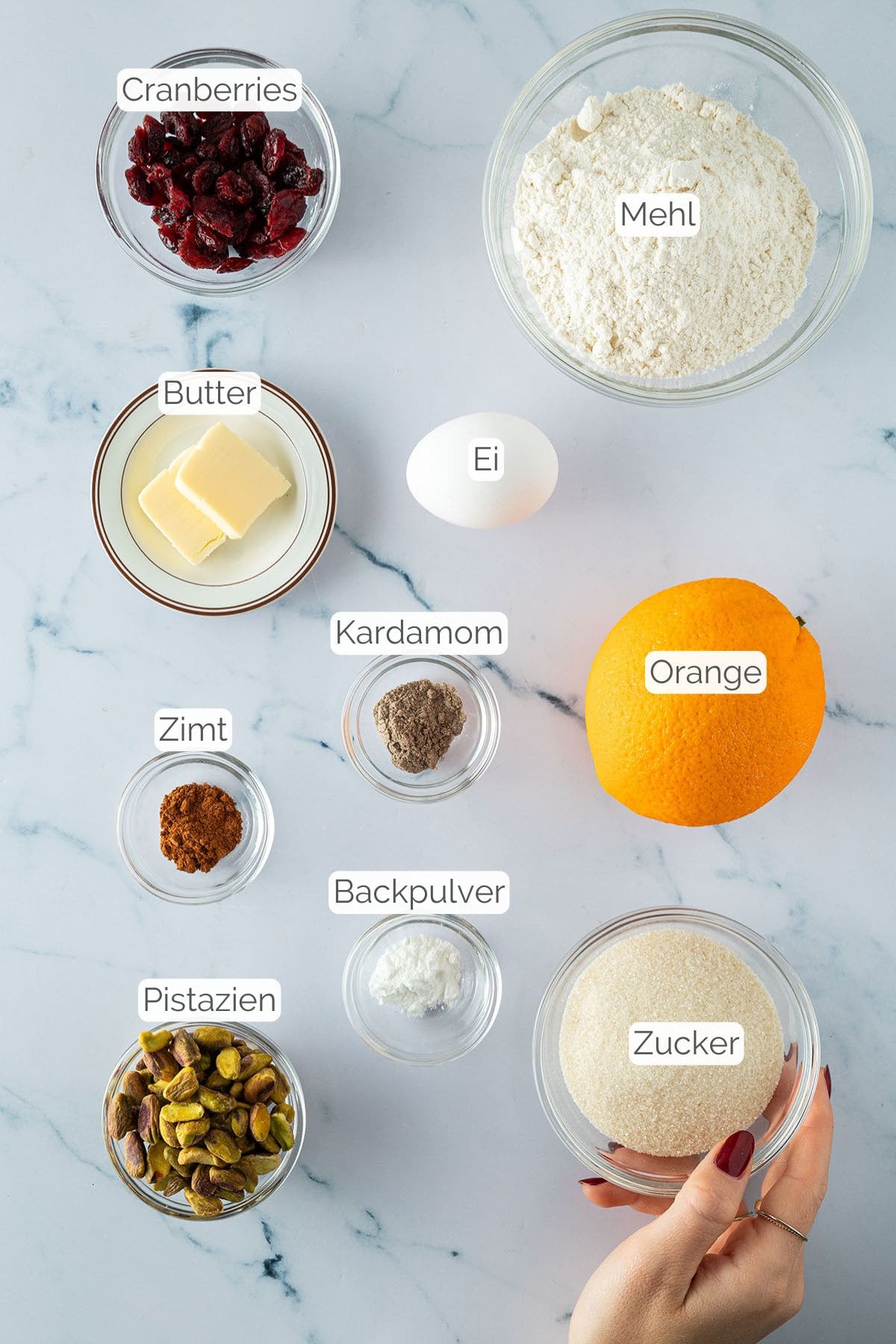 Zutaten f&uuml;r Kardamom-Pl&auml;tzchen mit Pistazien und Cranberries, einzeln beschriftet und angeordnet.