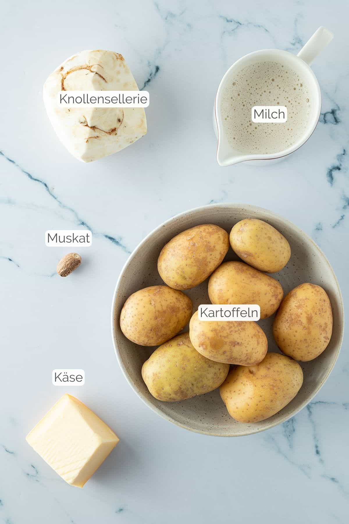 Alle Zutaten mit jeweiligen Textbeschriftungen, die f&uuml;r das Kartoffelp&uuml;ree mit Sellerie ben&ouml;tigt werden.