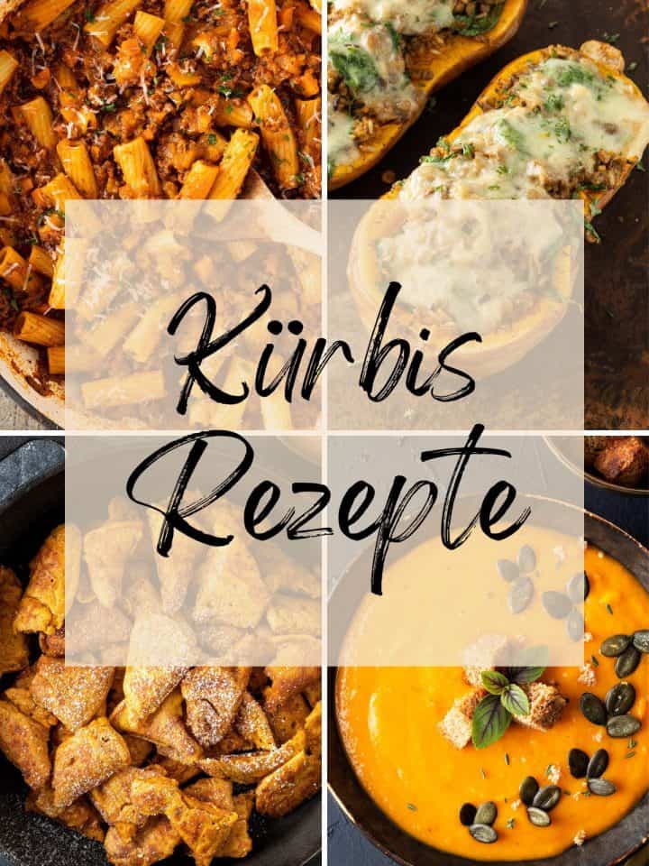 Collage aus vier Bildern von unterschiedlichen Gerichten, dar&uuml;ber der Textzug "K&uuml;rbis-Rezepte".
