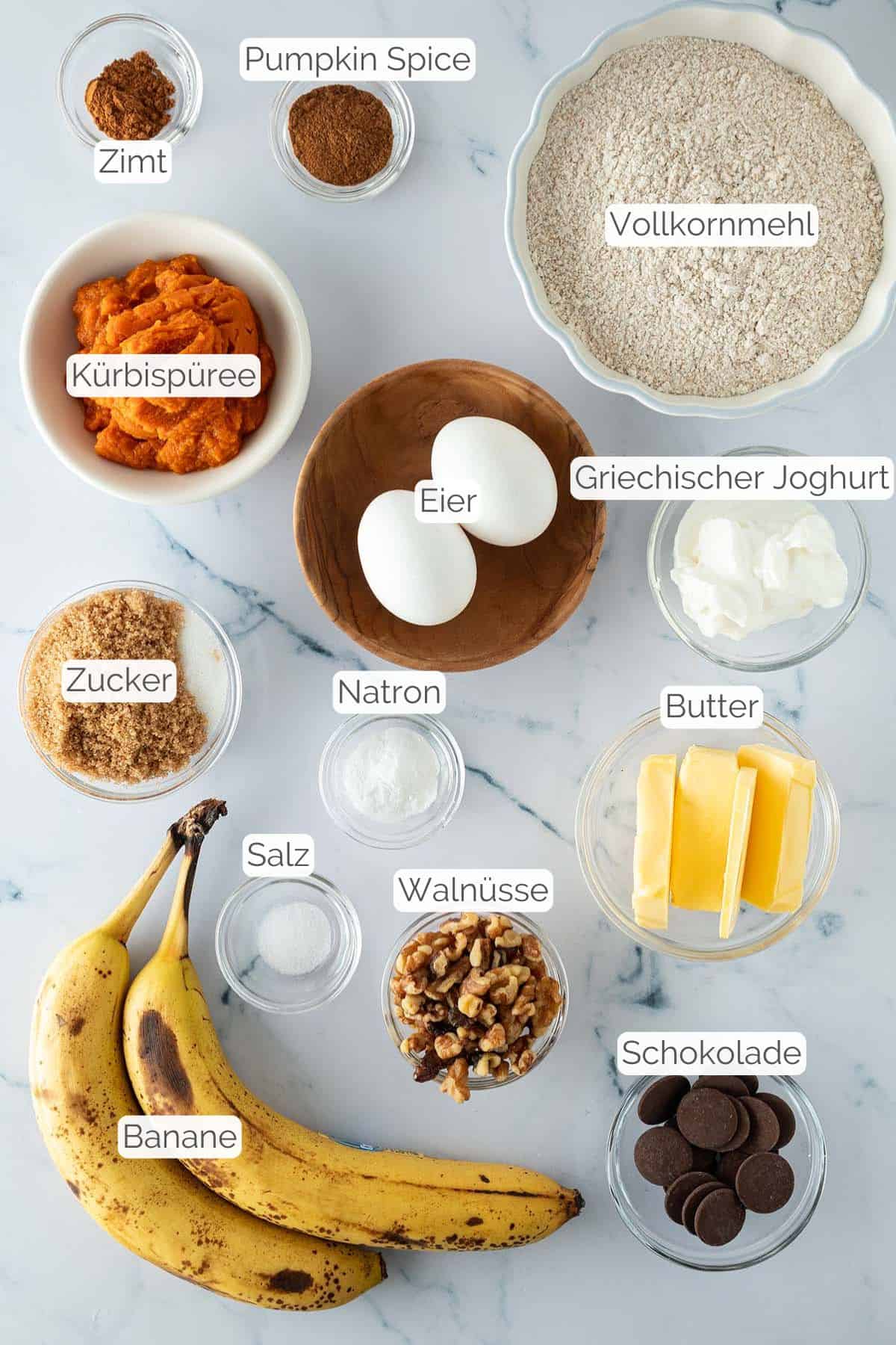 Alle Zutaten mit Textbeschriftungen, die f&uuml;r das K&uuml;rbis-Bananenbrot ben&ouml;tigt werden.