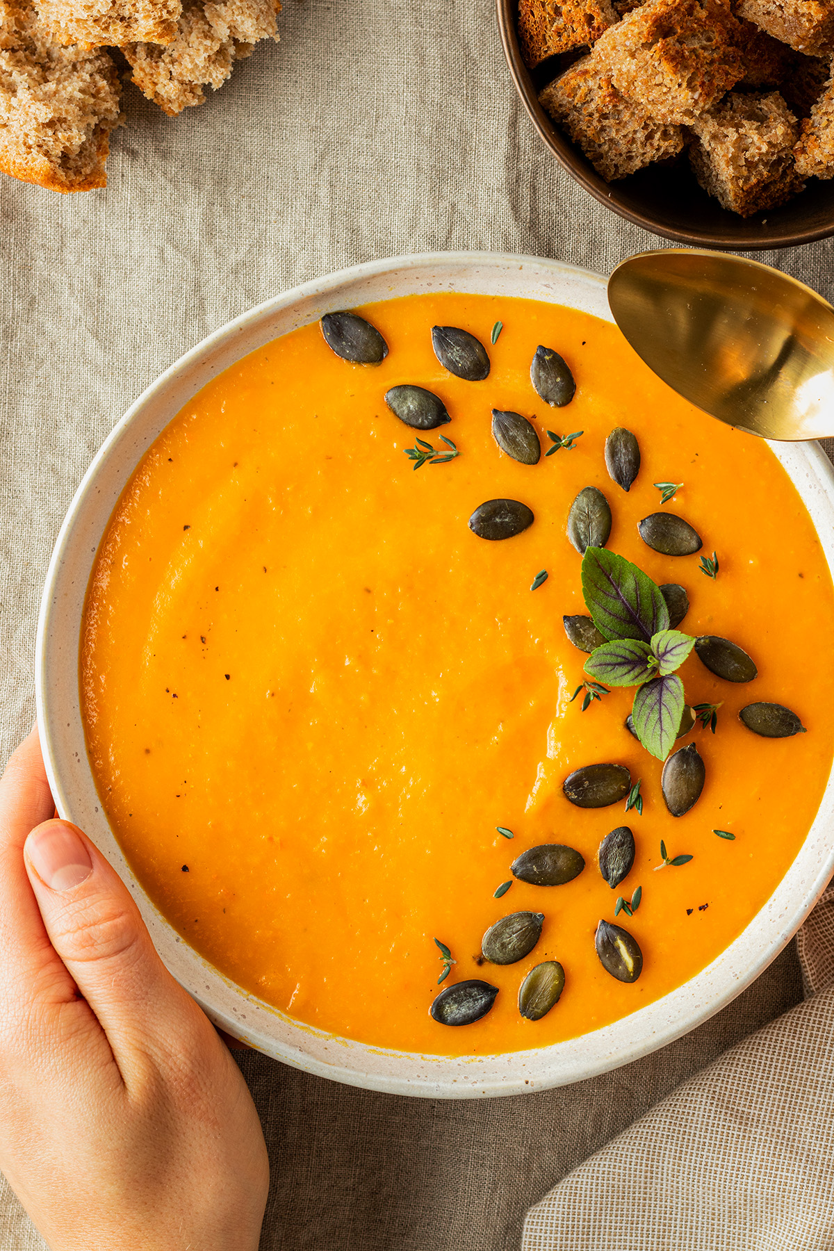 Eine Sch&uuml;ssel mit K&uuml;rbissuppe, serviert mit knusprigen Brotw&uuml;rfeln.