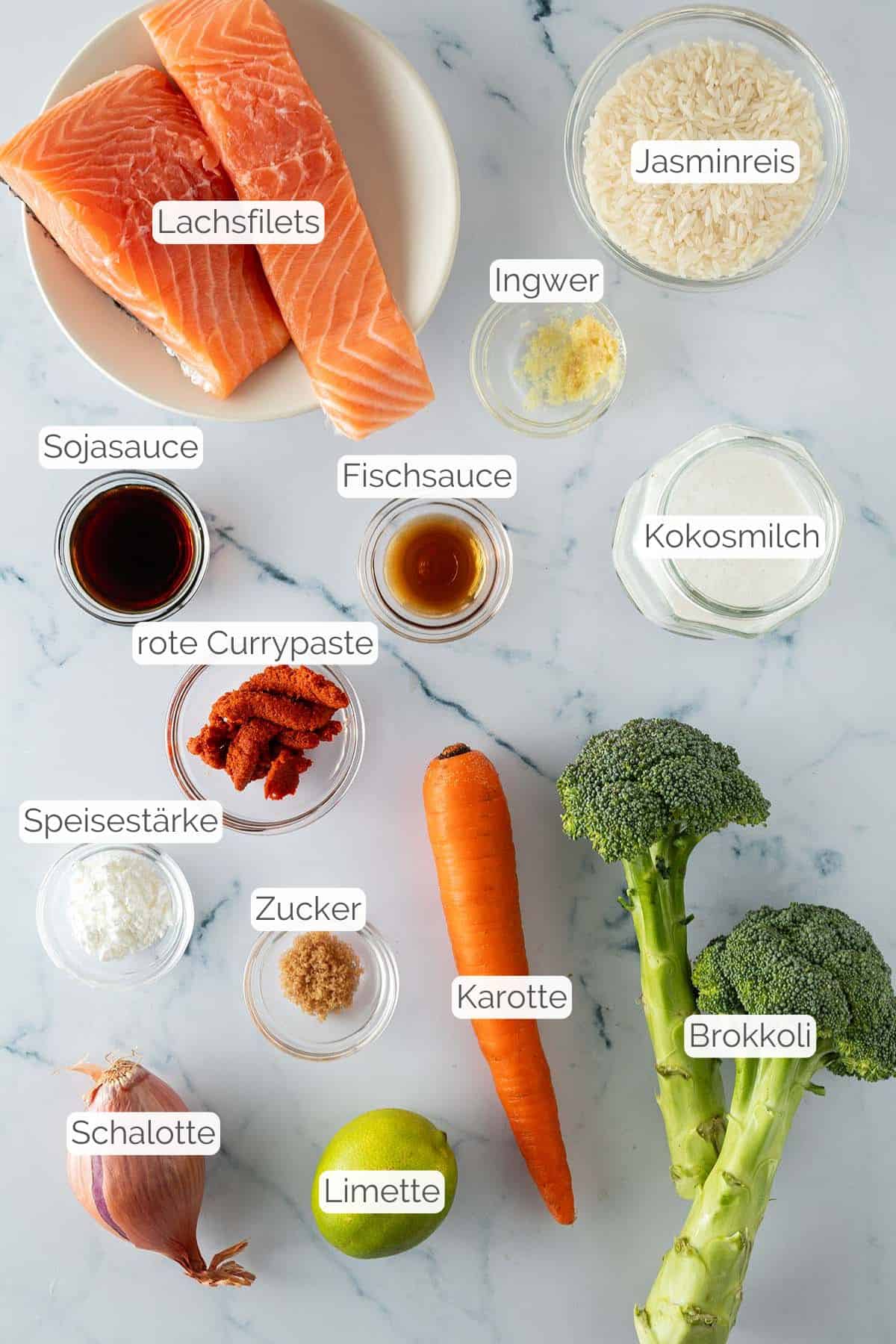 Alle Zutaten mit jeweiligen Textbeschriftungen, die f&uuml;r das Thai Lachs Curry Rezept ben&ouml;tigt werden.