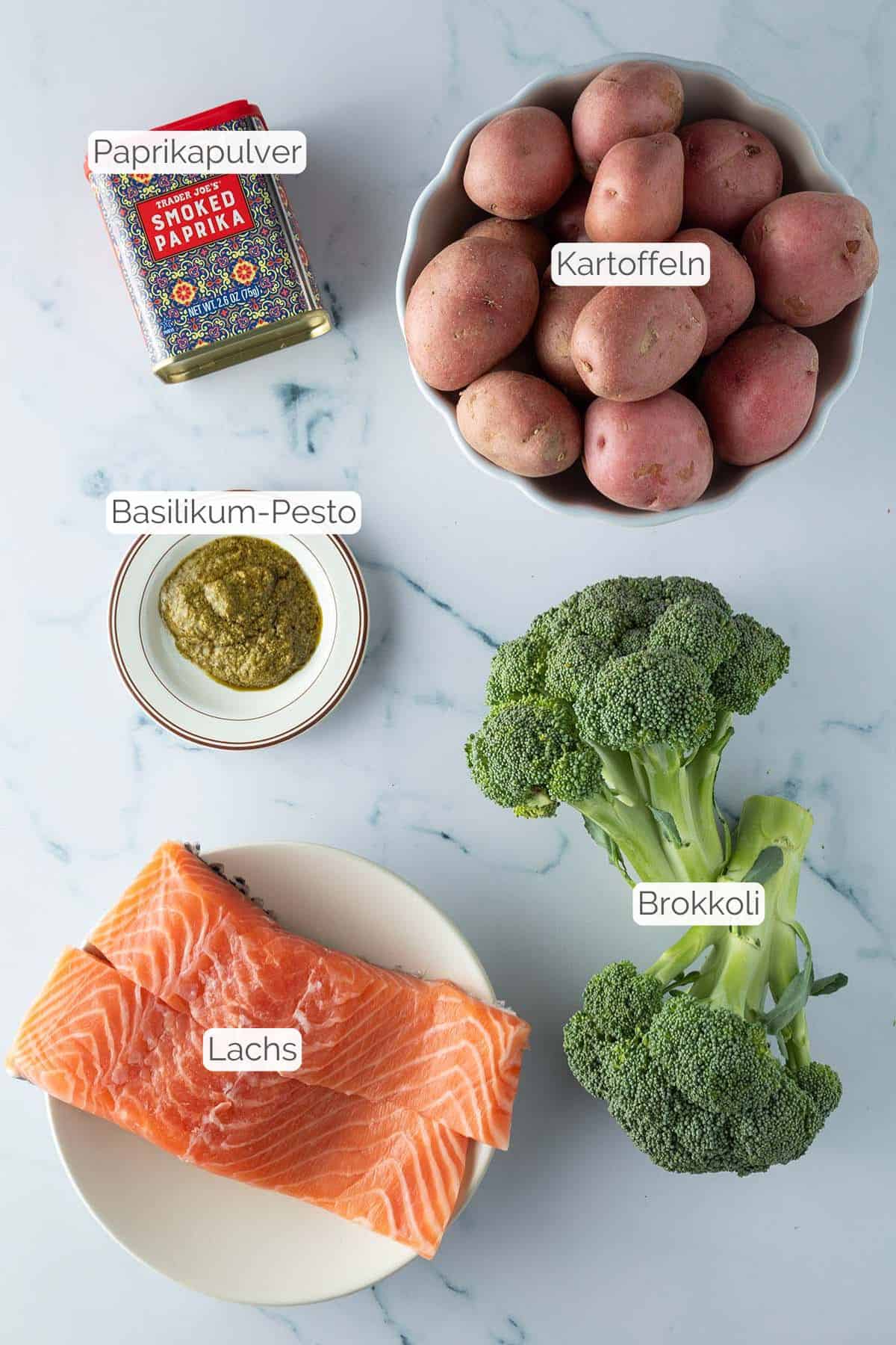 Alle Zutaten mit Textbeschriftungen, die f&uuml;r den Lachs mit Kartoffeln aus dem Ofen ben&ouml;tigt werden.