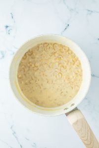 Nudeln kochen in einem Topf mit milchiger Fl&uuml;ssigkeit.