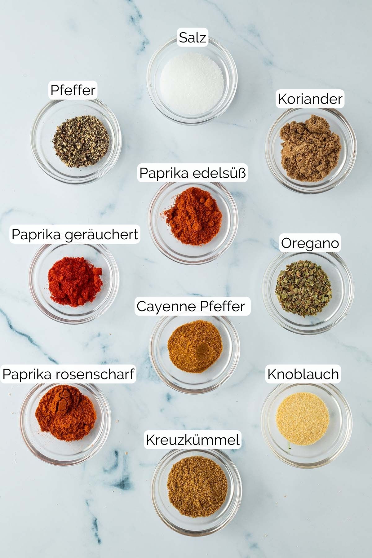 Zehn kleine Glassch&uuml;sseln mit verschiedenen Gew&uuml;rz gef&uuml;llt und passende Text Labels dazu.