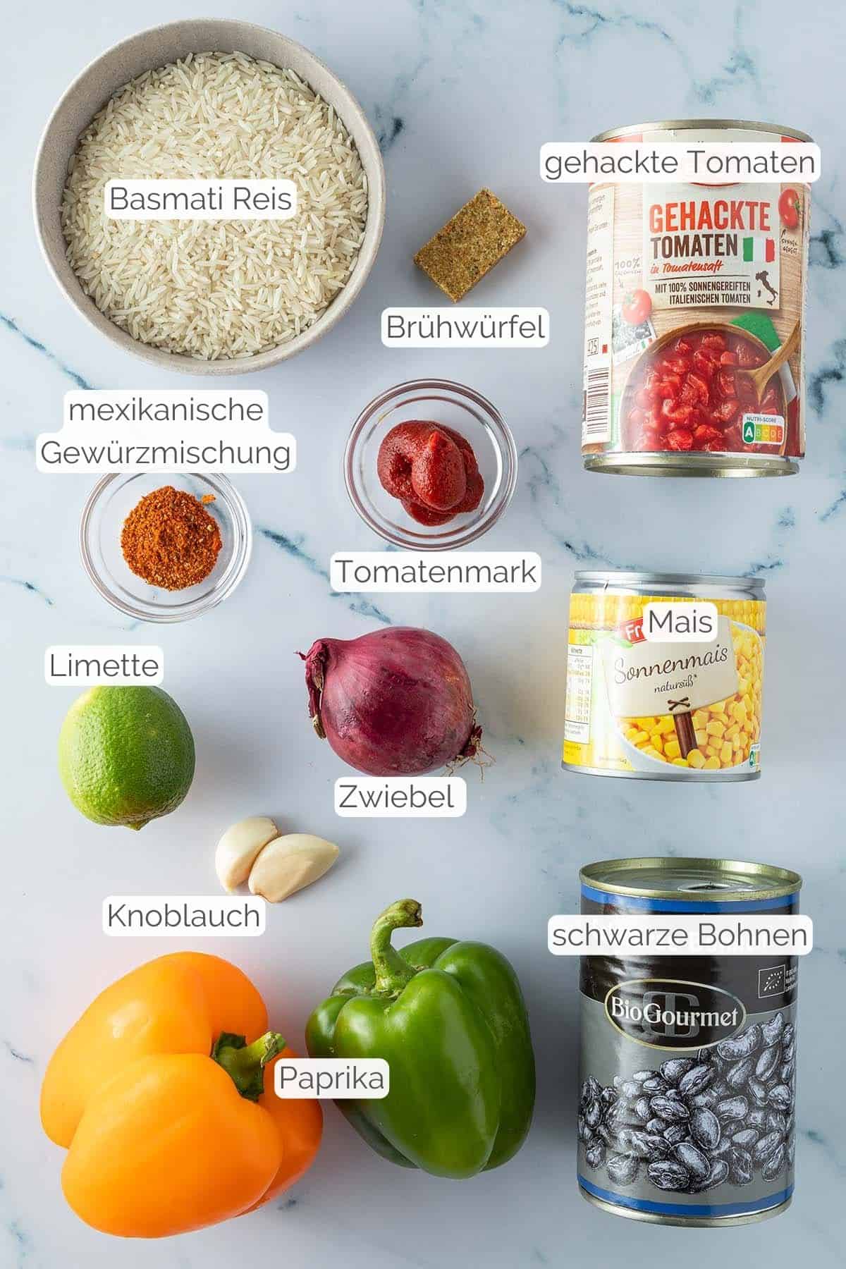 Alle Zutaten mit jeweiligen Textbeschriftungen, die f&uuml;r die mexikanische Reispfanne ben&ouml;tigt werden.