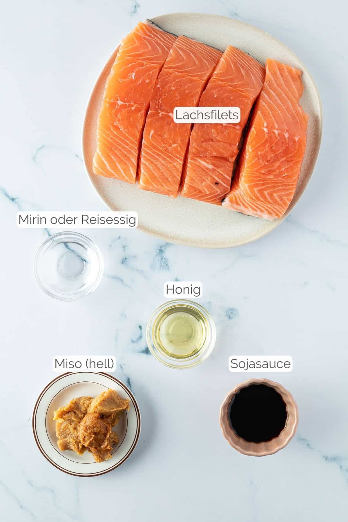 Alle Zutaten mit jeweiligen Textbeschriftungen, die f&uuml;r Miso Lachs ben&ouml;tigt werden.