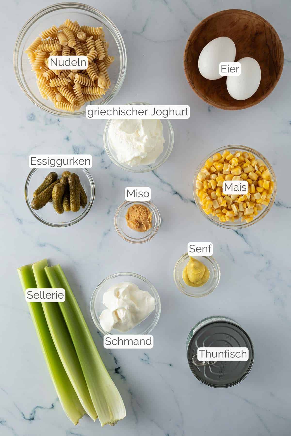 Alle Zutaten mit jeweiligen Textbeschriftungen, die für den Nudelsalat mit Thunfisch benötigt werden.